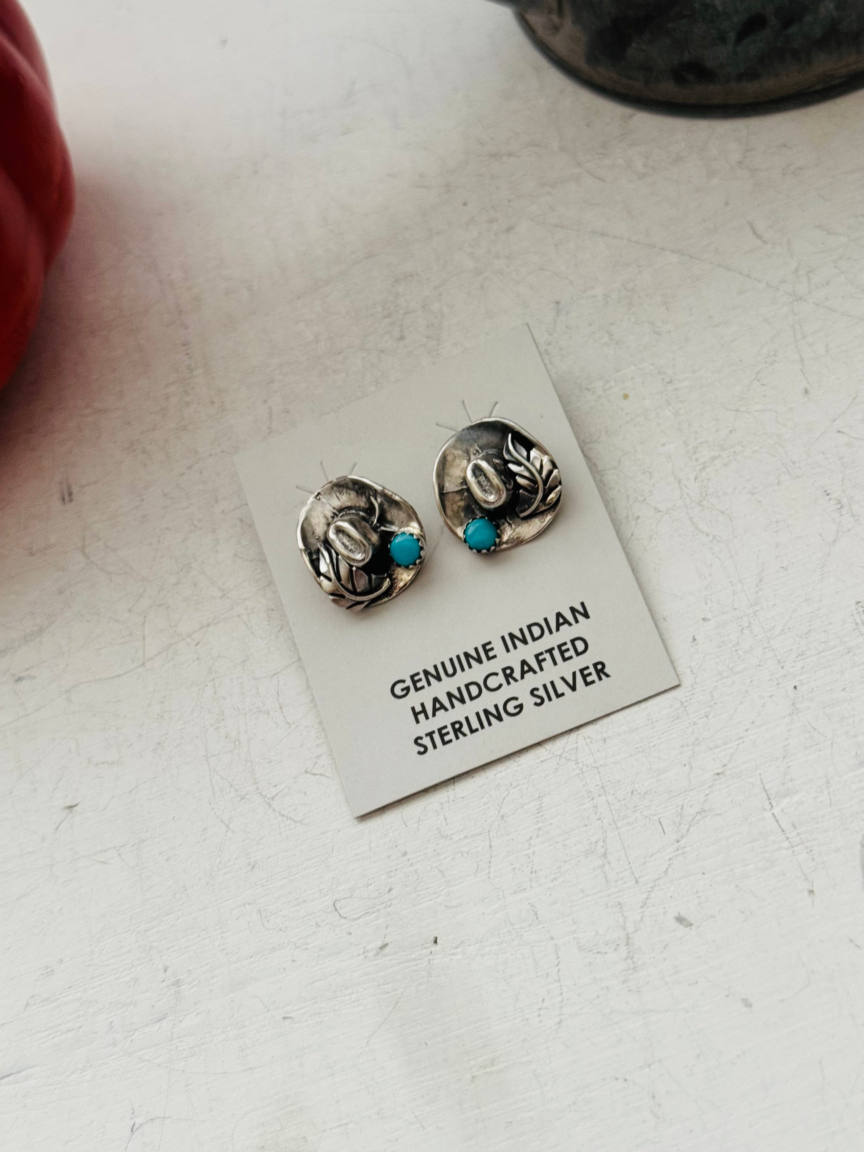 Navajo Handmade Sterling Silver Post Cowboy Hat Earrings