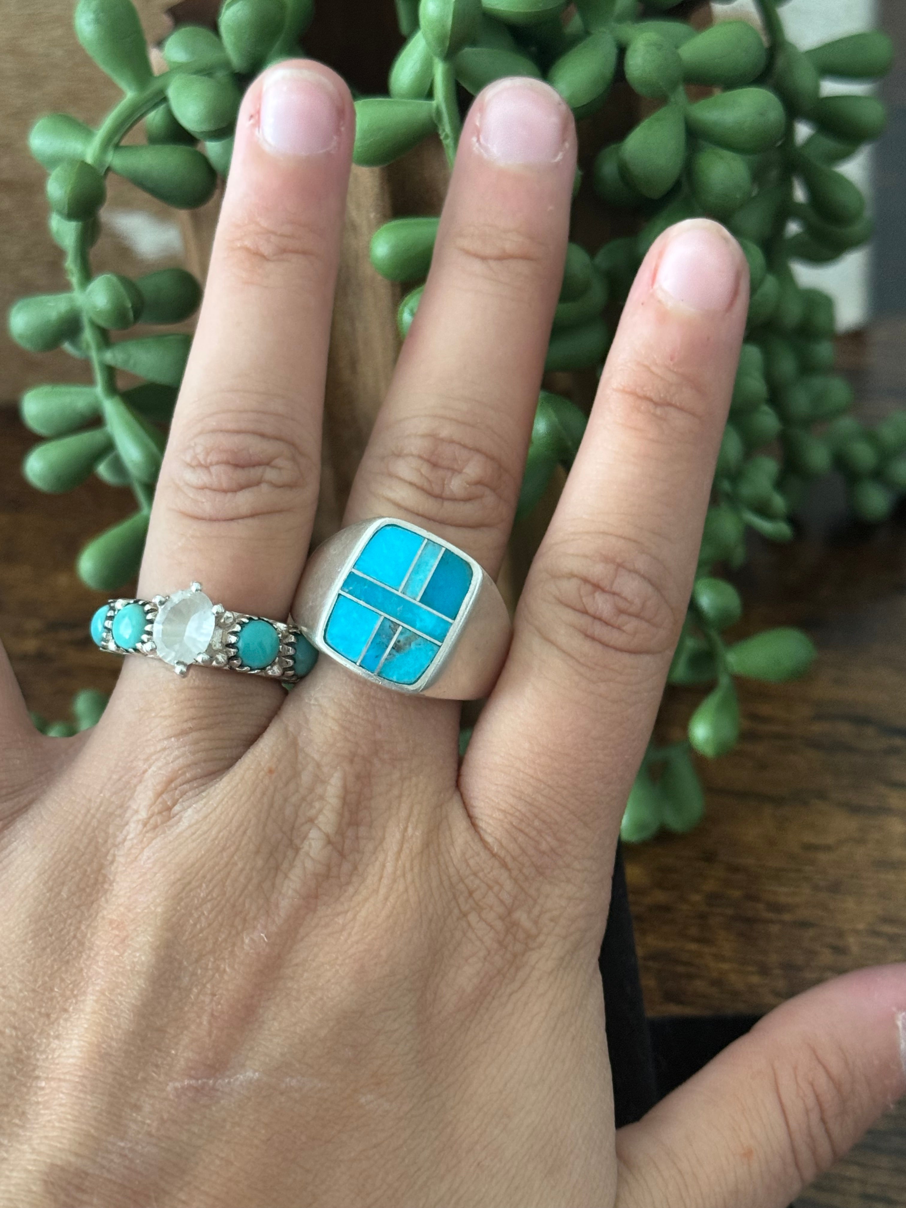 Navajo Made Kingman Turquoise & Sterling Silver Inlay Ring Size 10