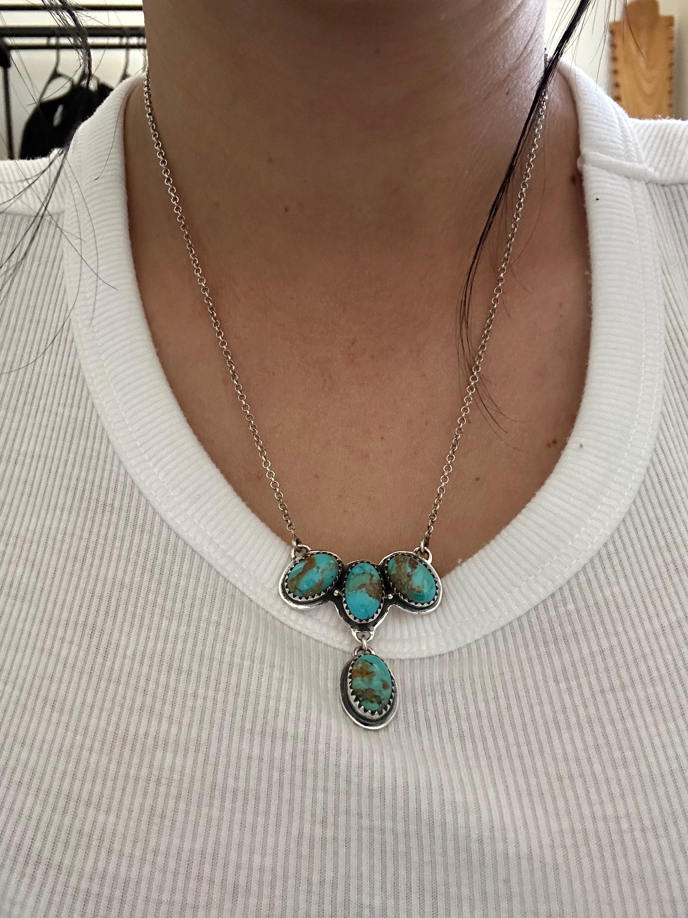 Southwest Handmade Kingman Turquoise & Sterling Silver Cluster Necklace