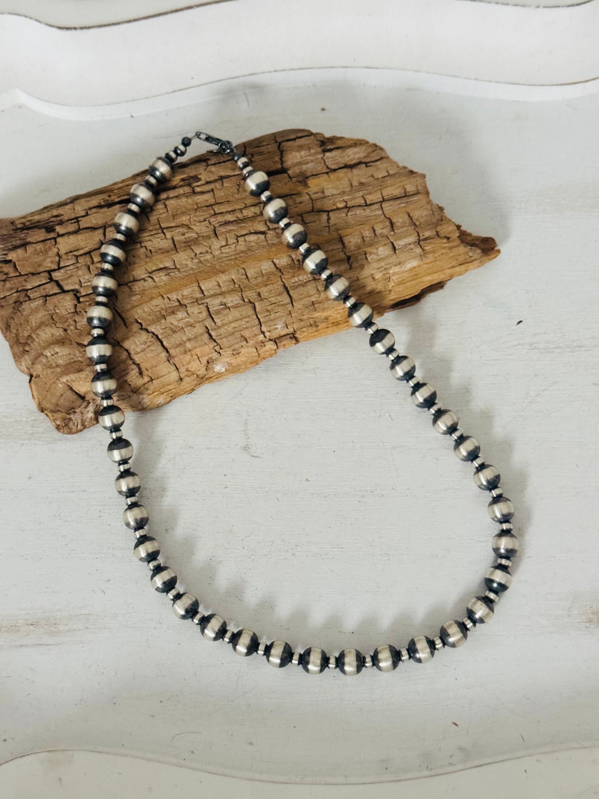 Navajo Strung Graduated Sterling Silver Pearls Beaded Necklace