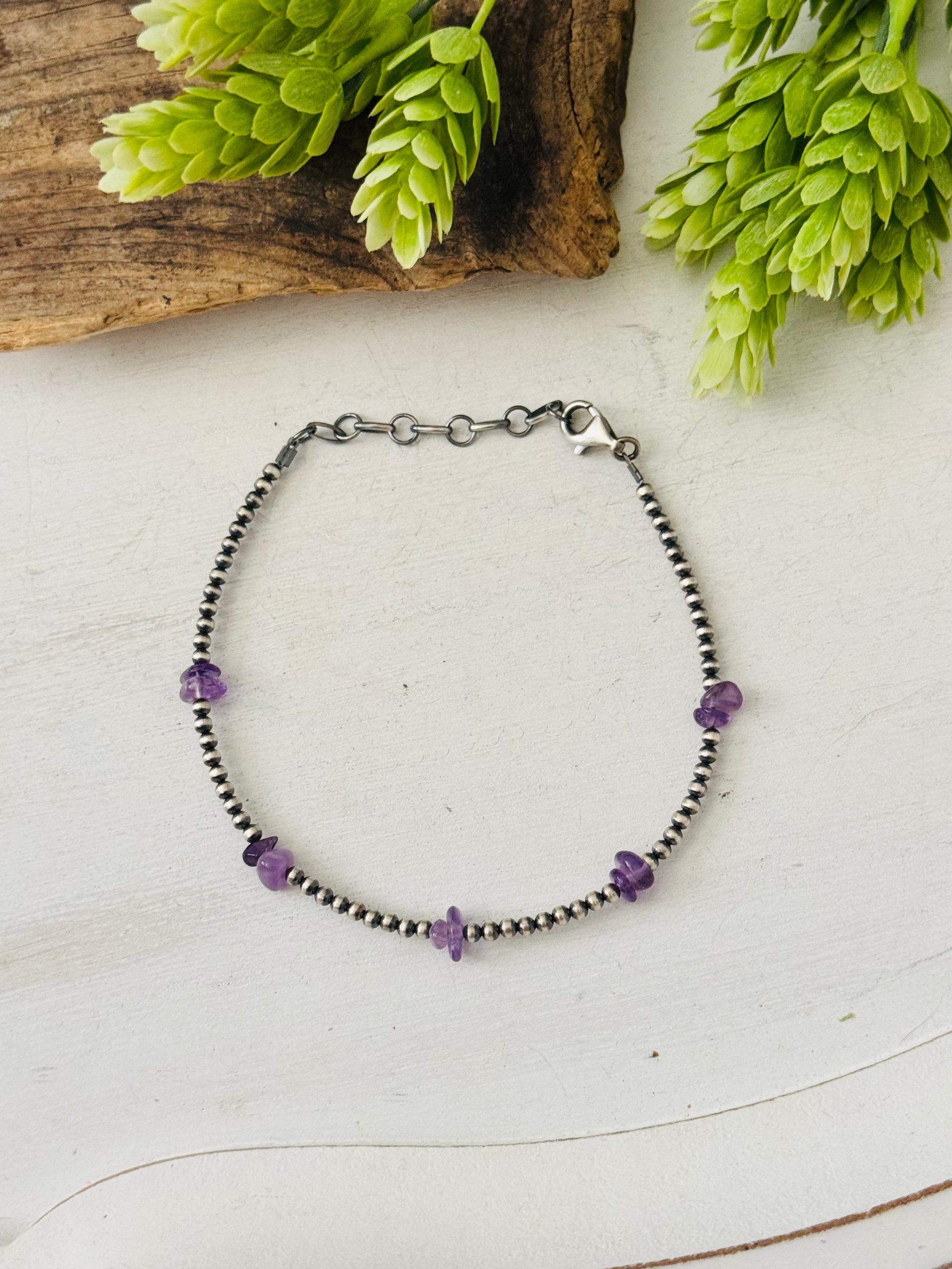 Navajo Made Amethyst & Sterling Silver Strung Anklet