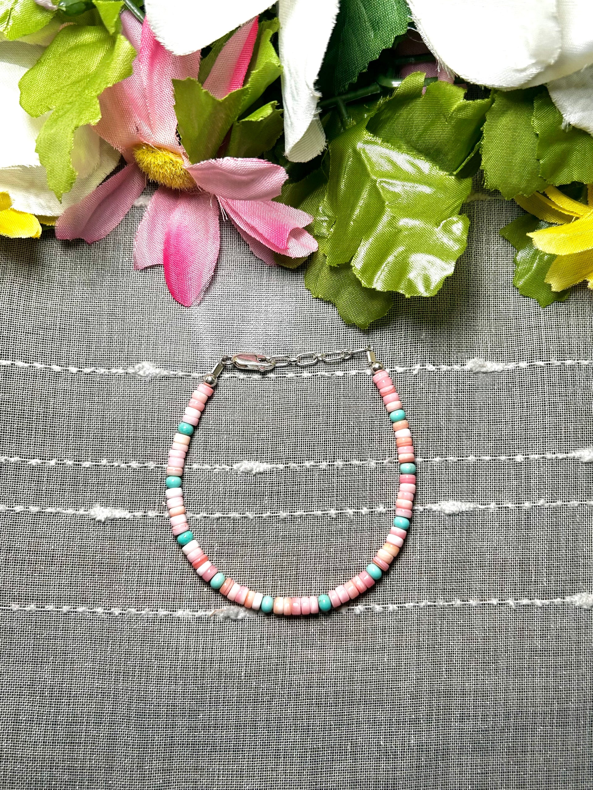 Navajo Made Strung Multi Stone & Sterling Silver Link Bracelet