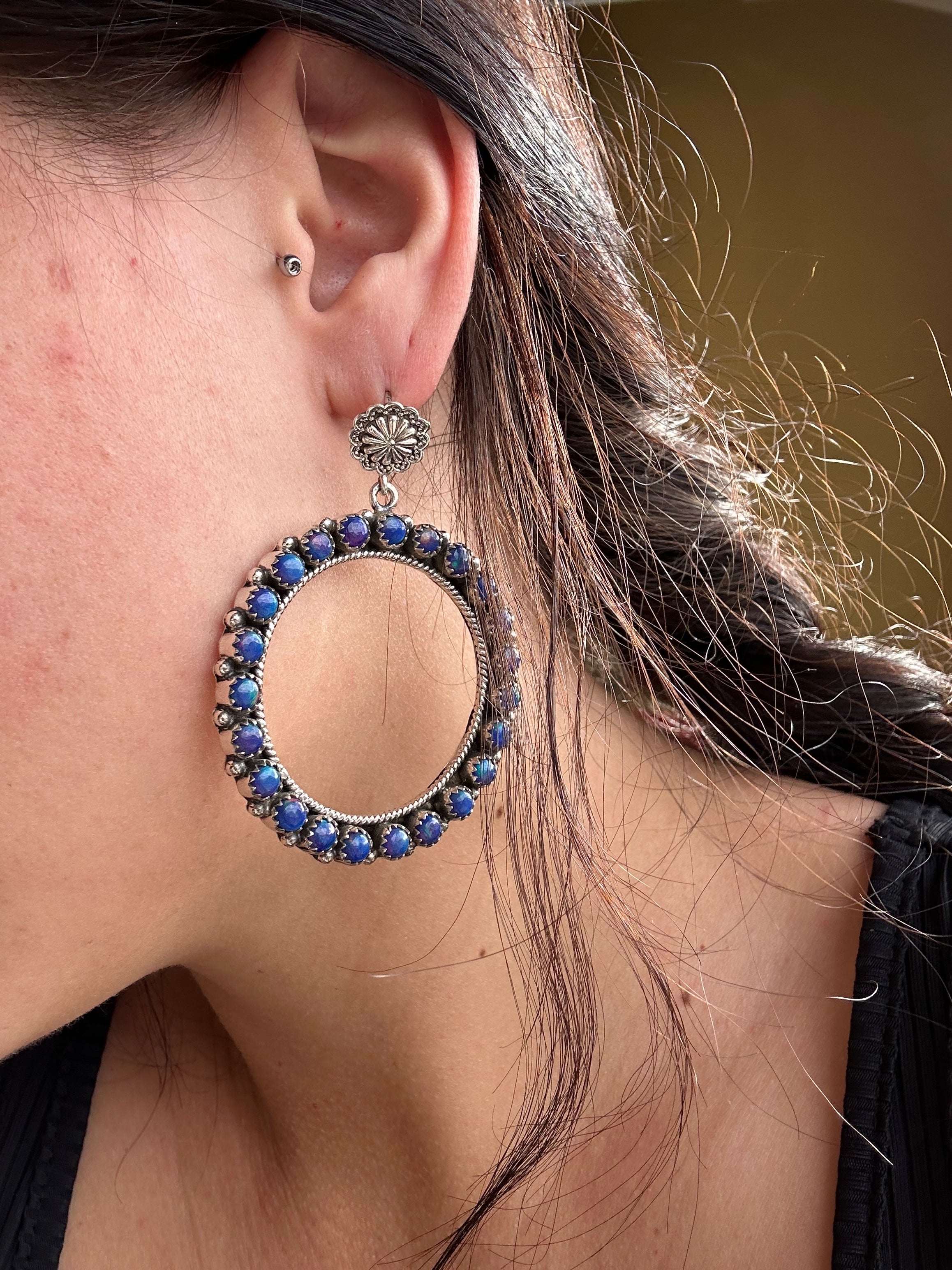 Southwest Handmade Blue Opal & Sterling Silver Post Dangle Cluster Earrings