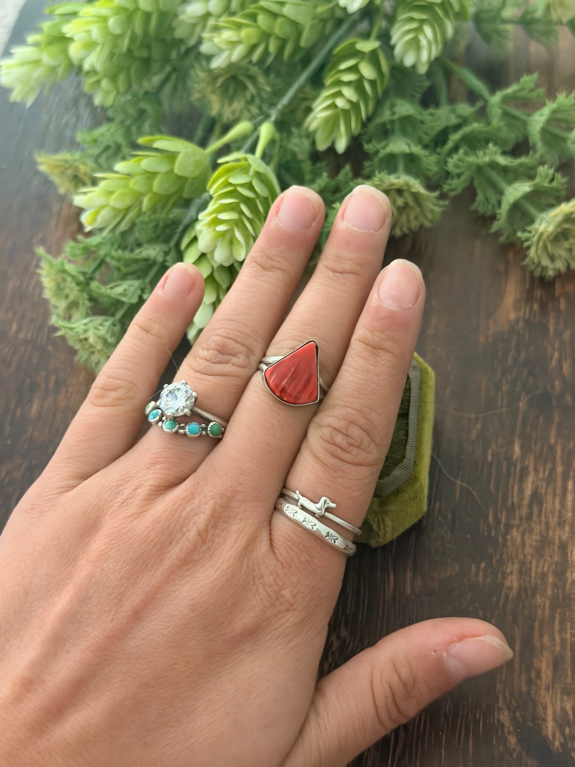 Navajo Made Spiny Oyster & Sterling Silver Ring Size 7