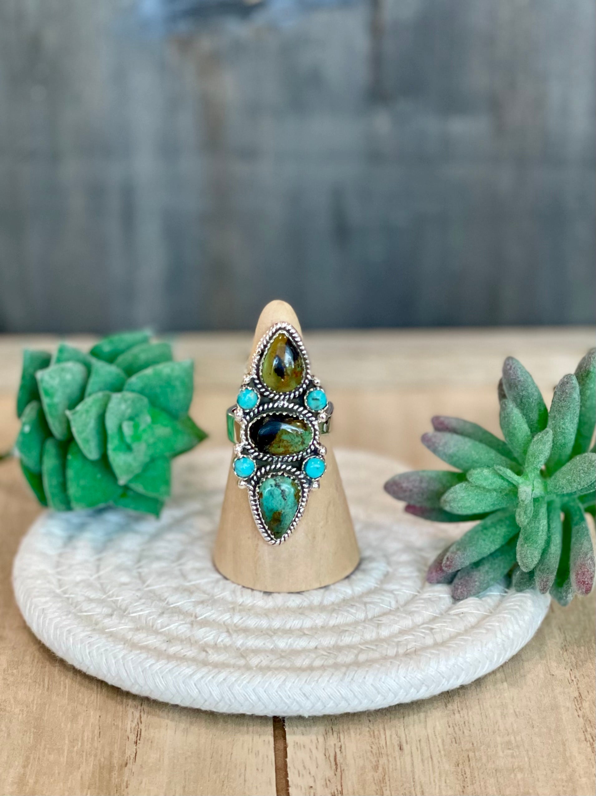 Southwest Handmade BlackJack Turquoise And Kingman Turquoise & Sterling Silver Adjustable Ring