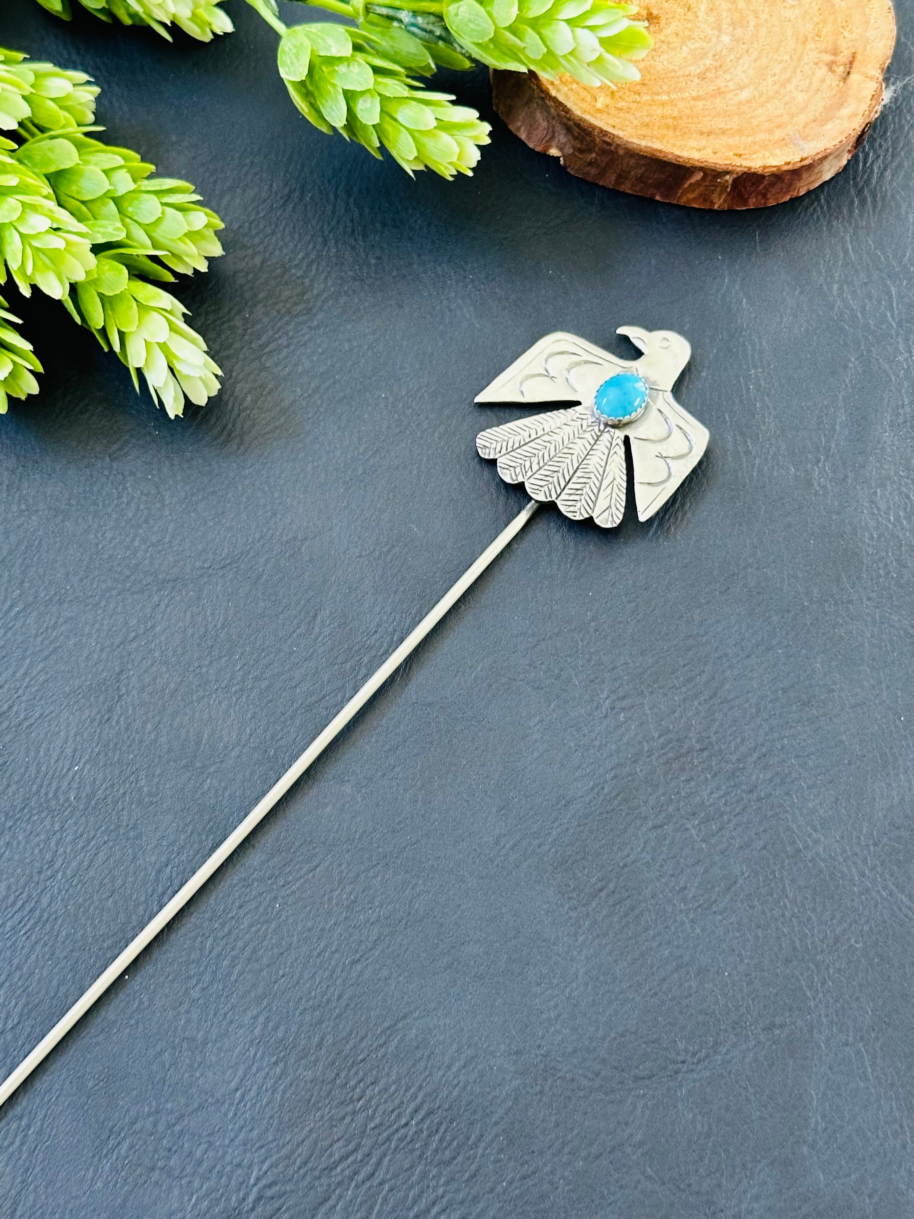 Navajo Handmade Kingman & Sterling Silver Thunderbird Hair Pin