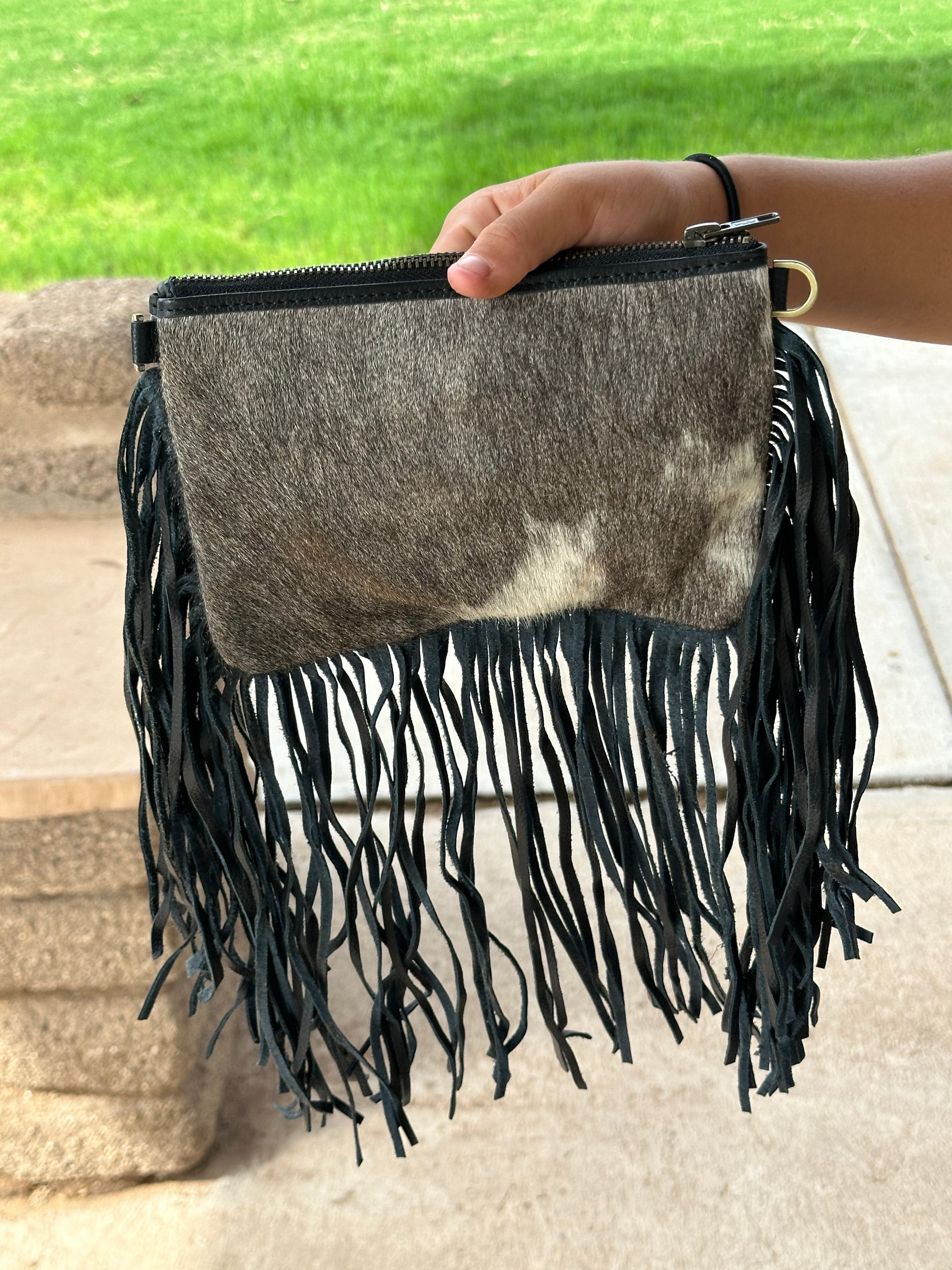 Genuine Leather Cowhide Tooled Cross Body Fringe Purse