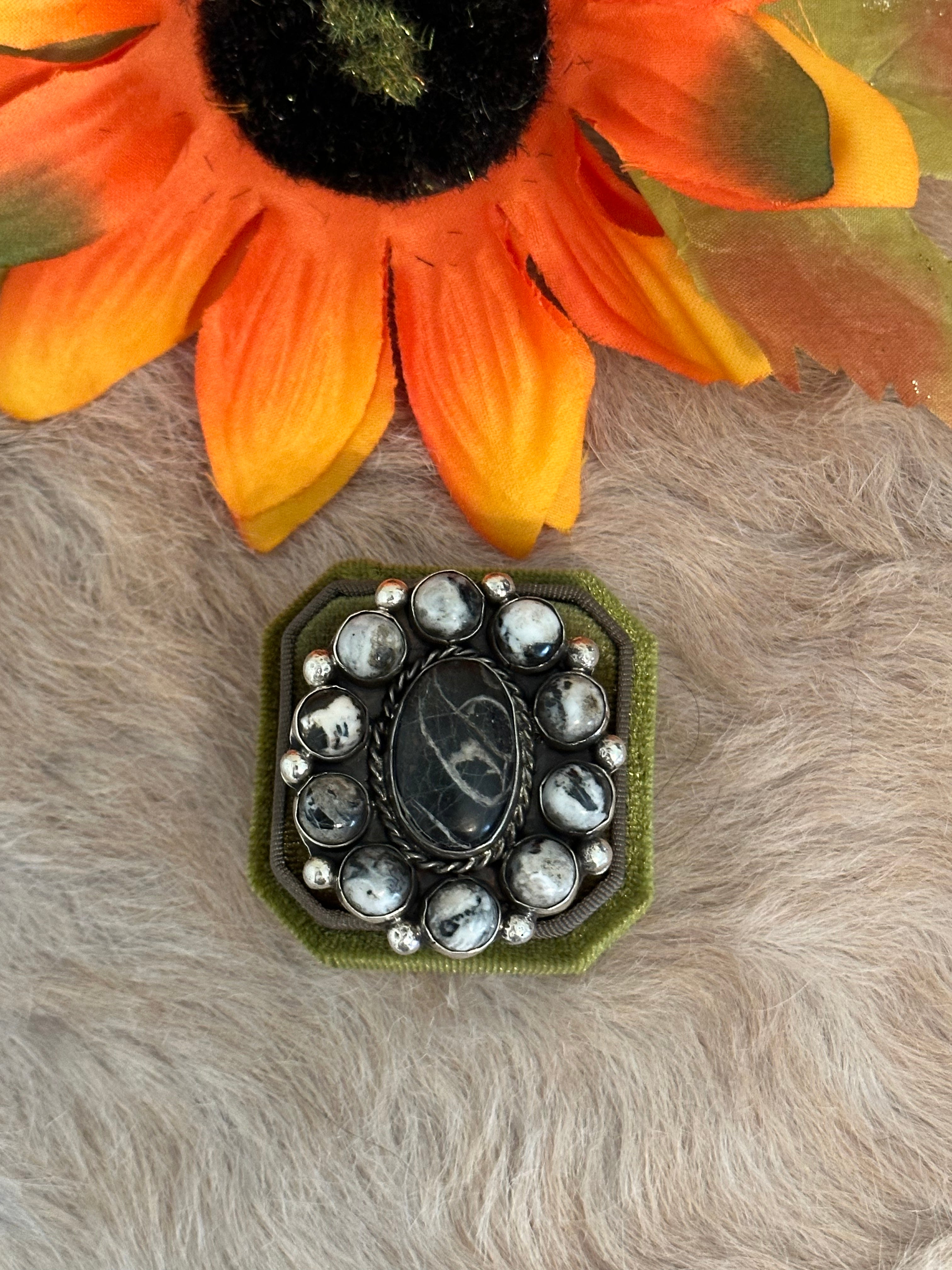 Navajo Handmade White Buffalo & Sterling Silver Adjustable Cluster Ring