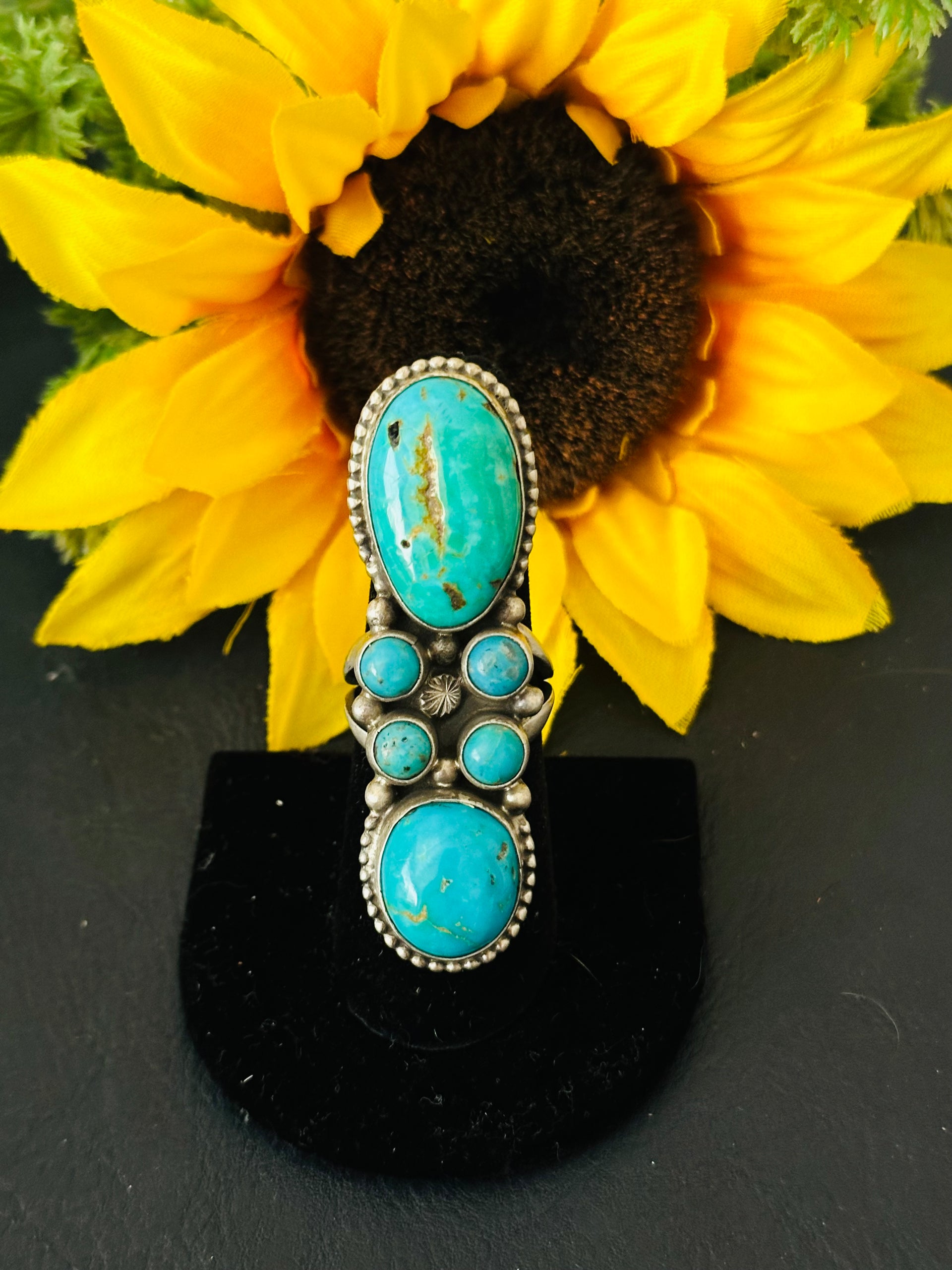 Sheila Becenti Kingan Turquoise Sterling Silver Cluster Ring Size 7.75