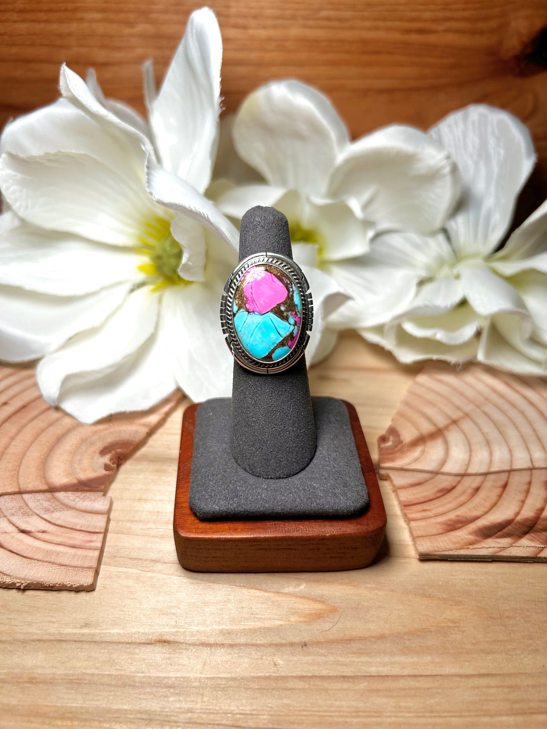 Dave Skeets Cotton Candy Dahlia & Sterling Silver Ring Size 5.75