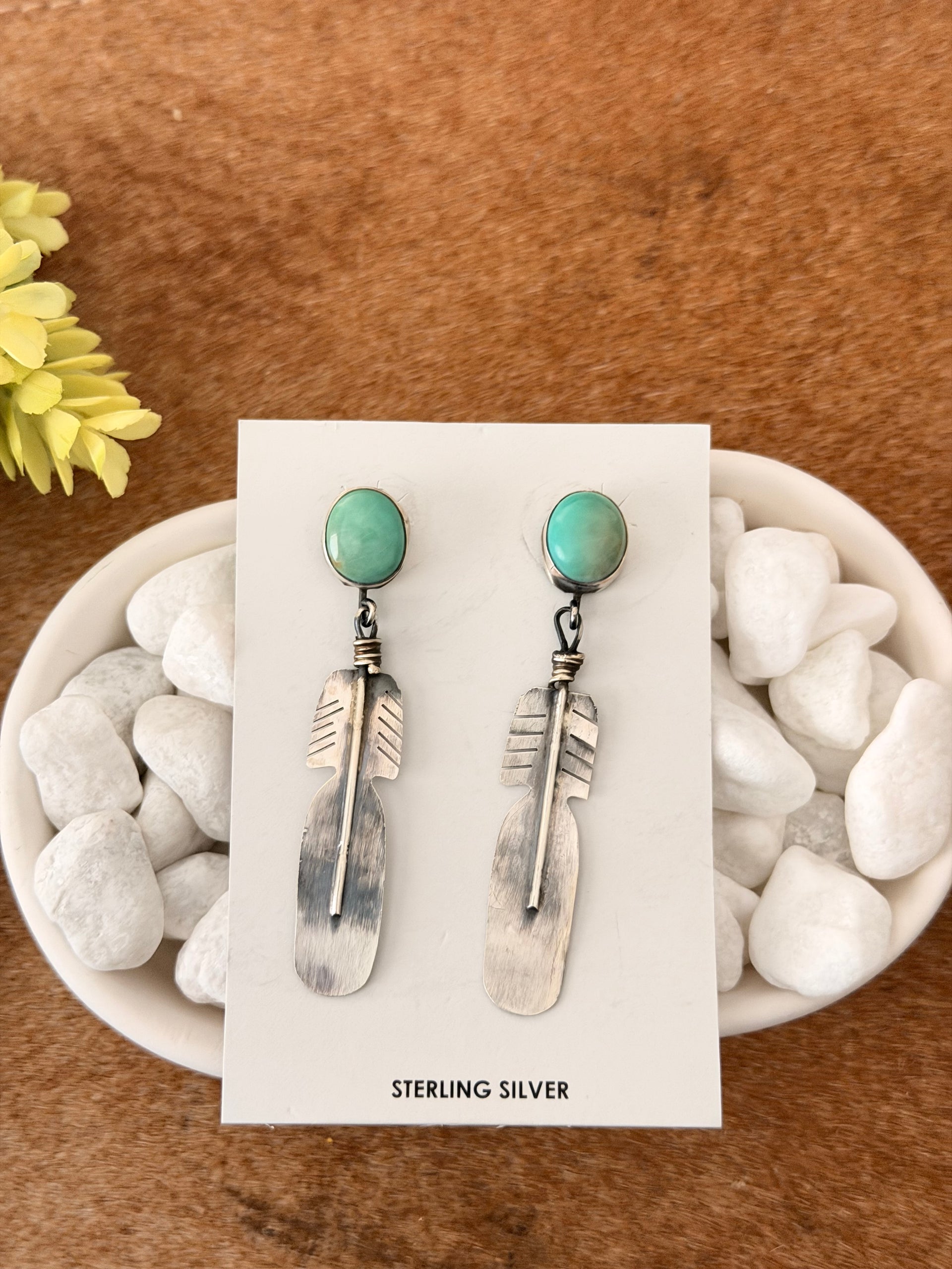 Kobe Martinez Kingman Turquoise & Sterling Silver Post Dangle Feather Earrings