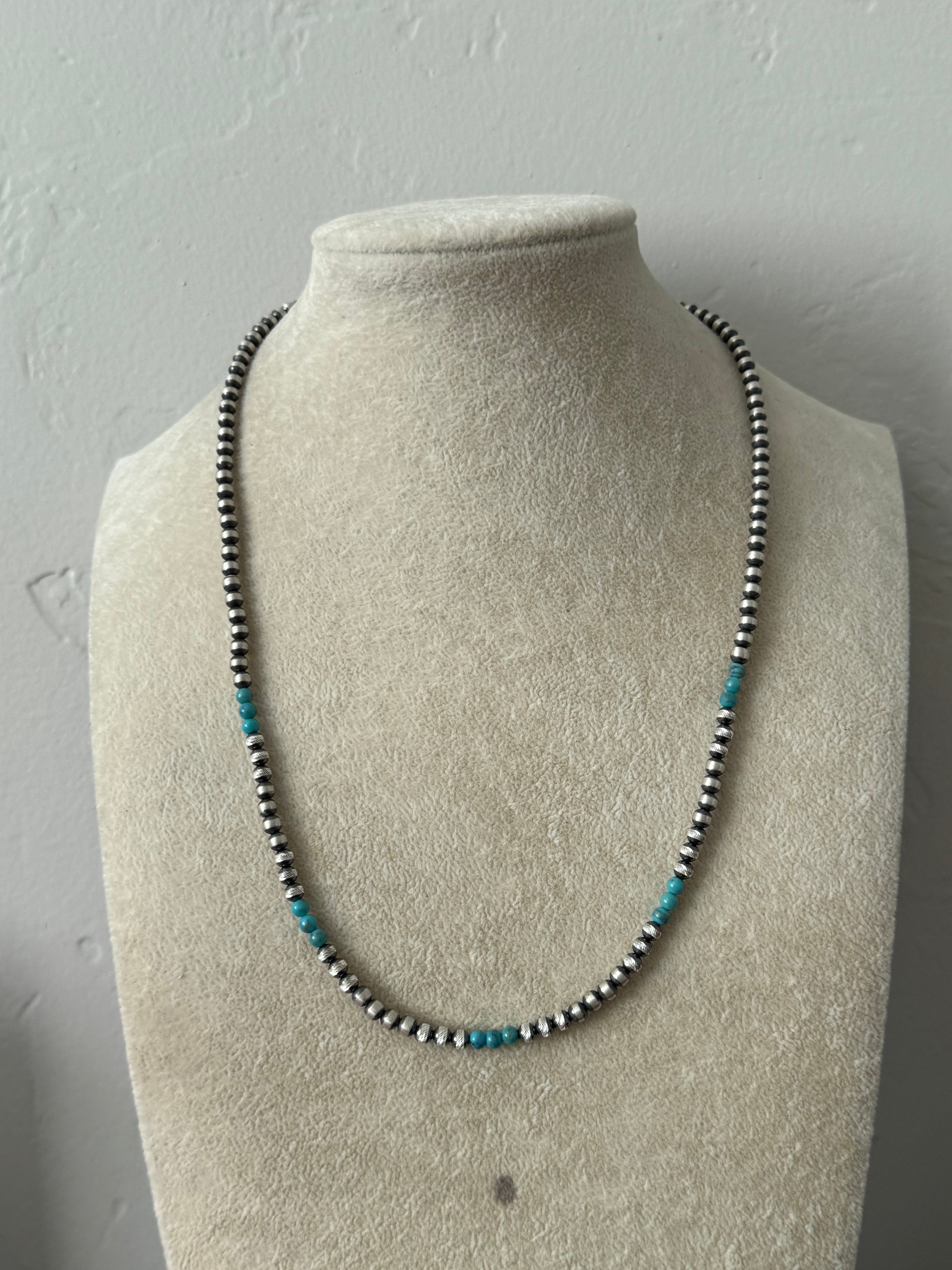 Navajo Strung Egyptian Turquoise & Sterling Silver 4MM Beaded Necklace