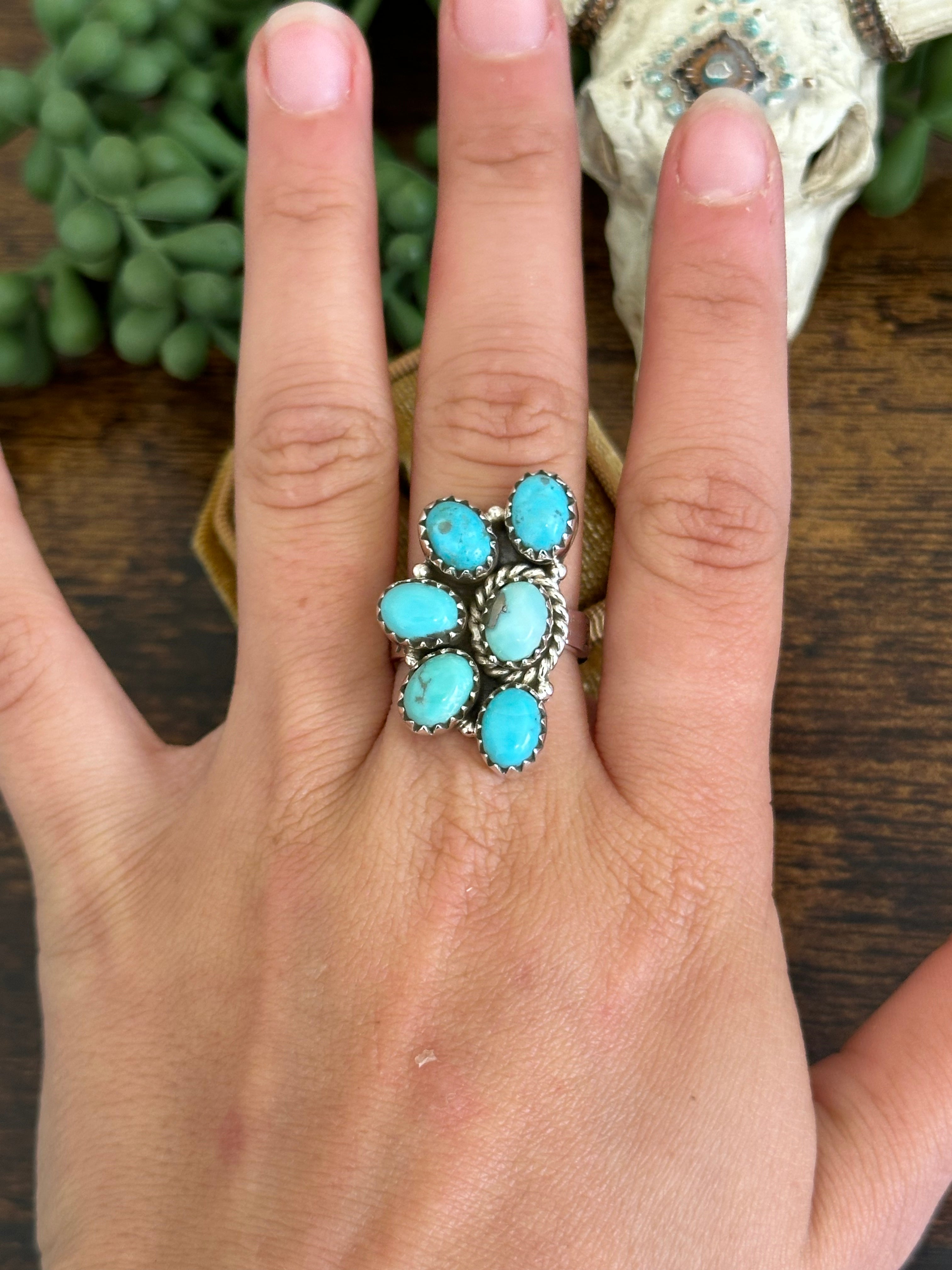 Southwest Handmade Kingman Turquoise & Sterling Silver Adjustable Cluster Ring