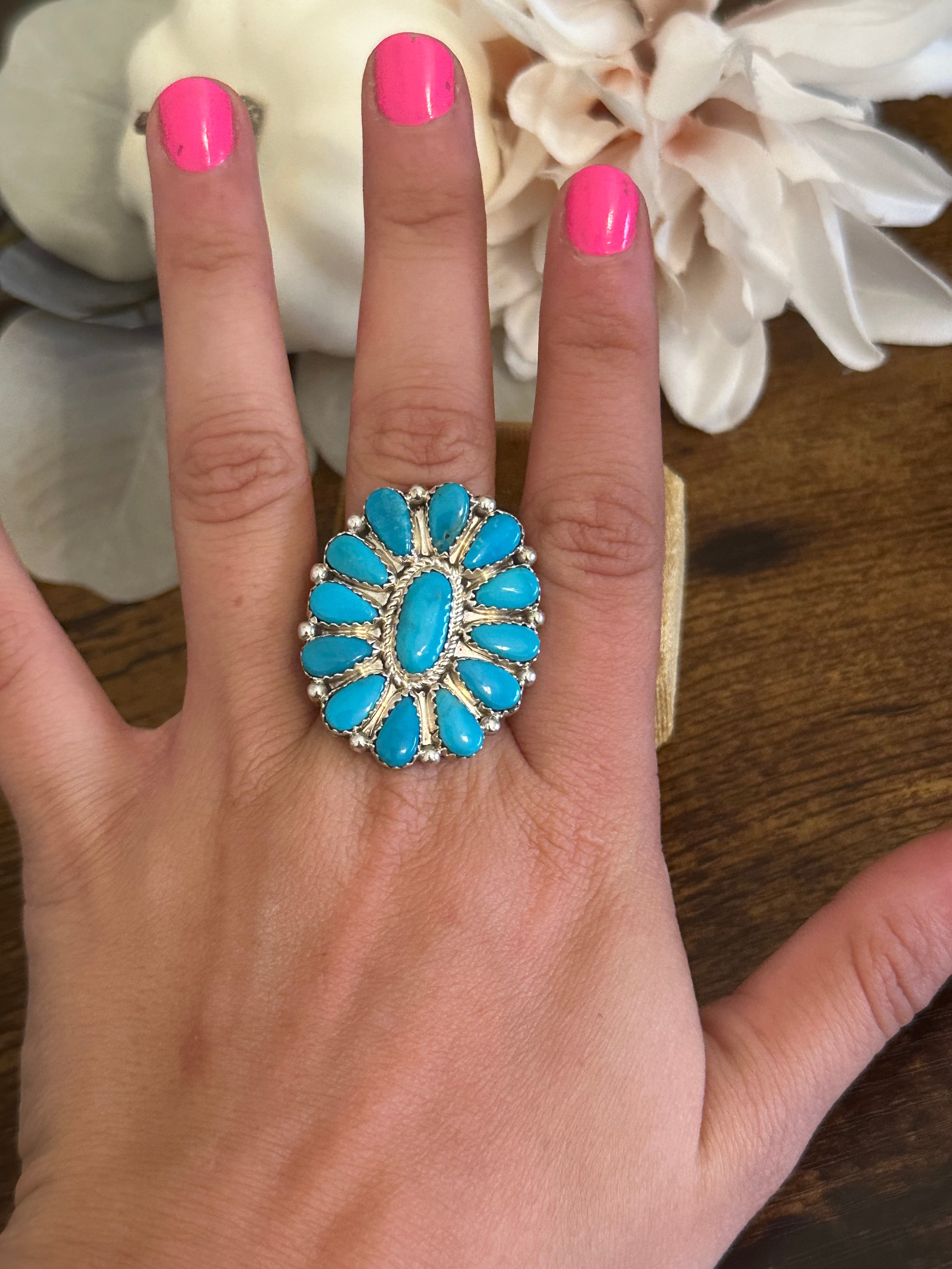 Navajo Made Kingman Turquoise & Sterling Silver Cluster Adjustable Ring