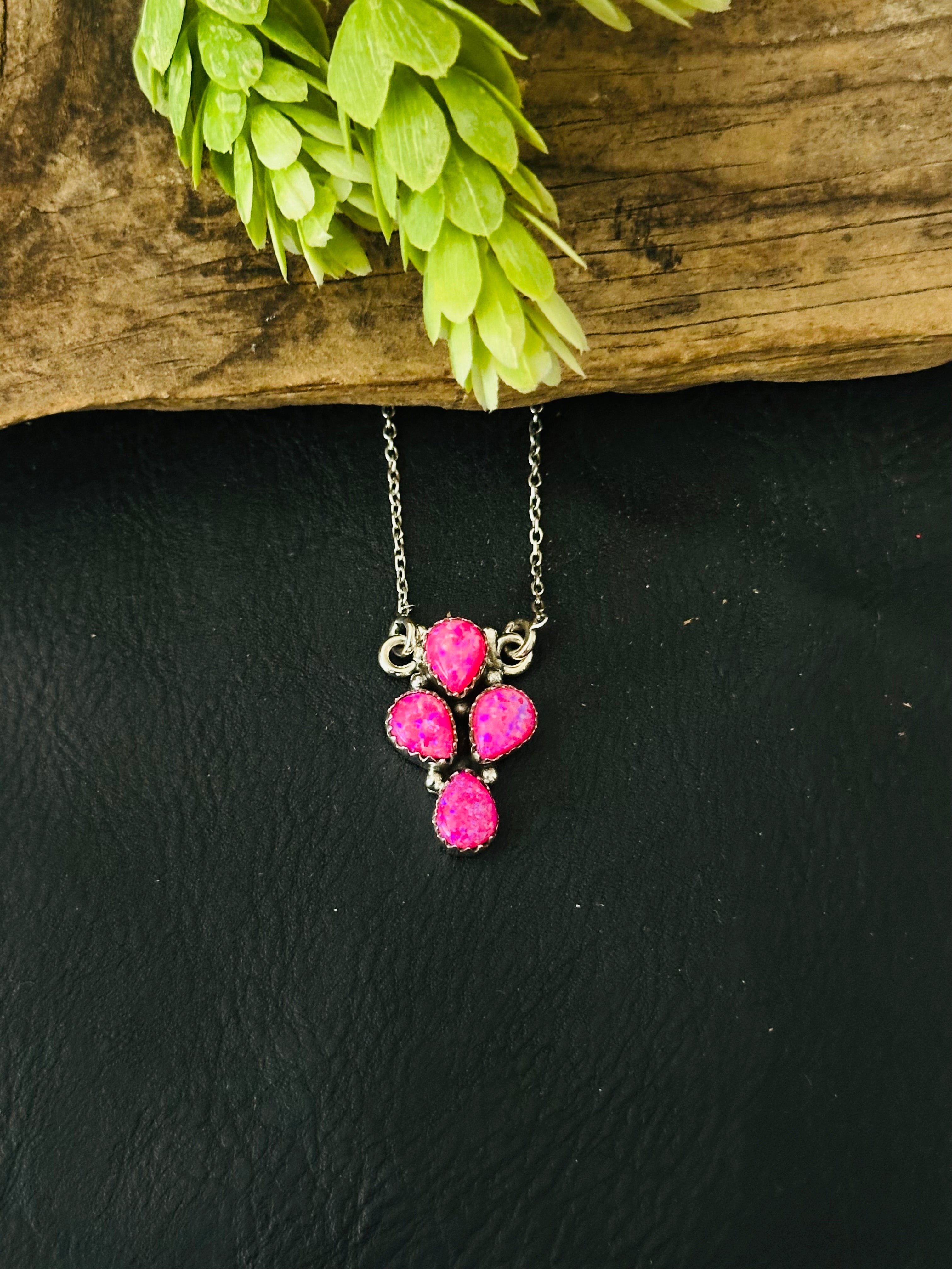 Southwest Handmade Pink Opal & Sterling Silver Cluster Necklace