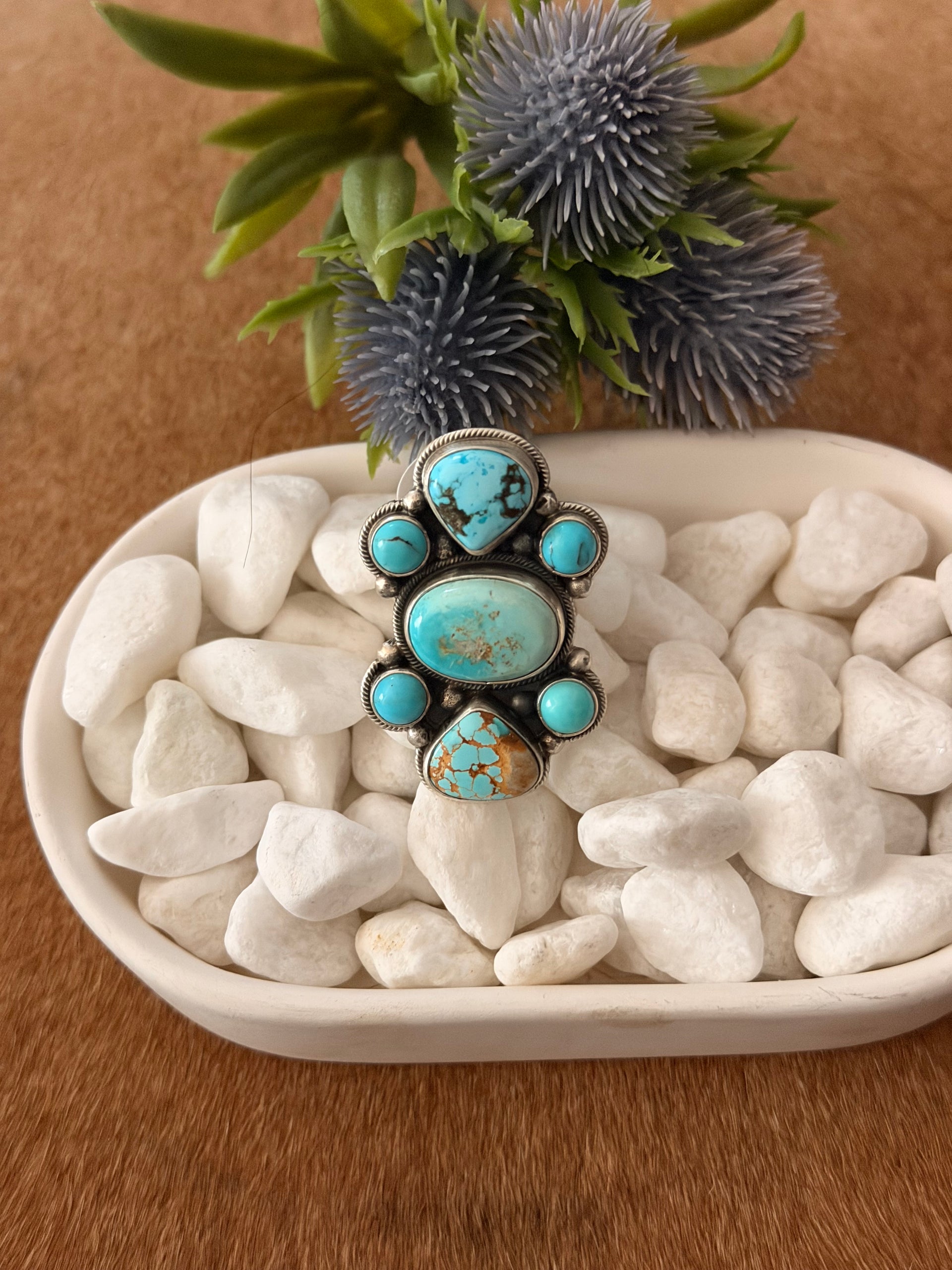 Sheila Becenti Royston Turquoise & Sterling Silver Adjustable Cluster Ring