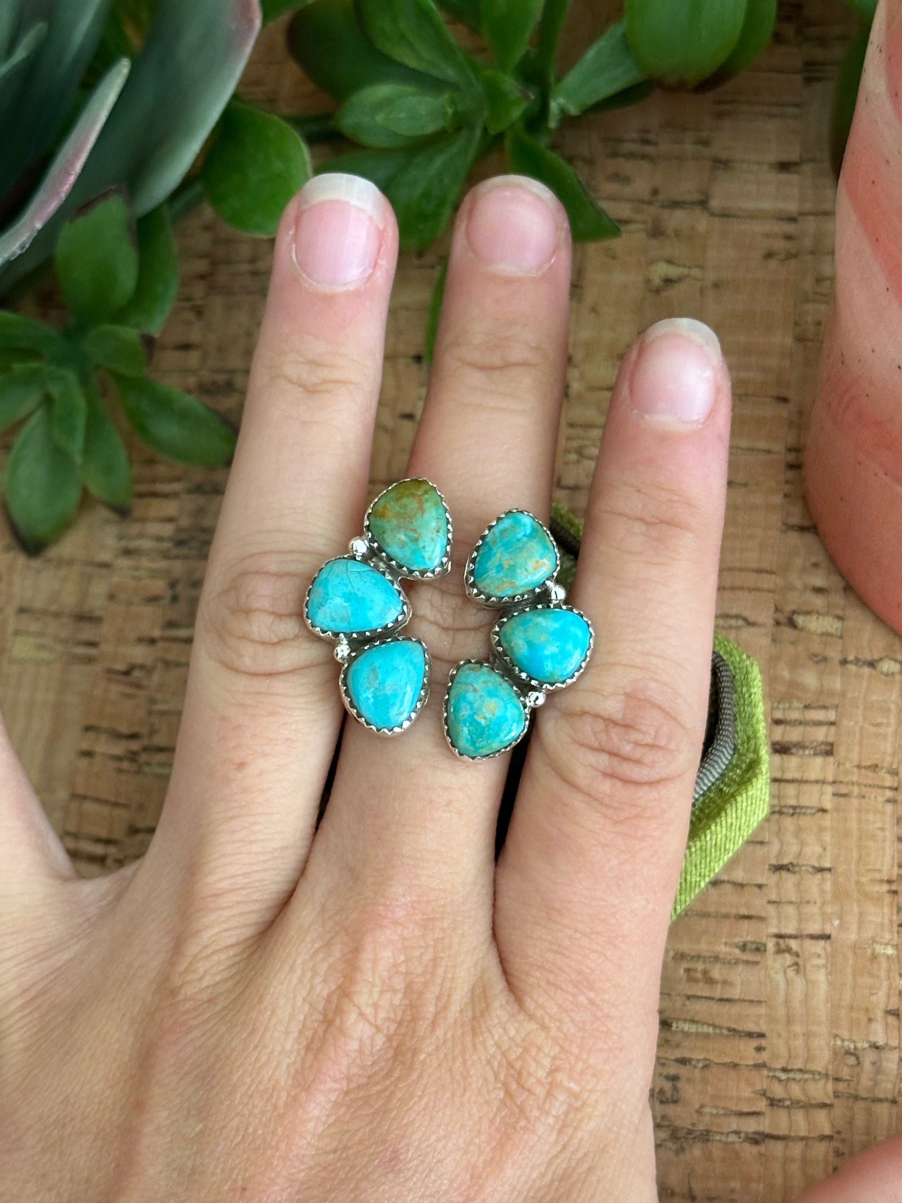 Southwest Handmade Kingman Turquoise & Sterling Silver Adjustable Cluster Ring