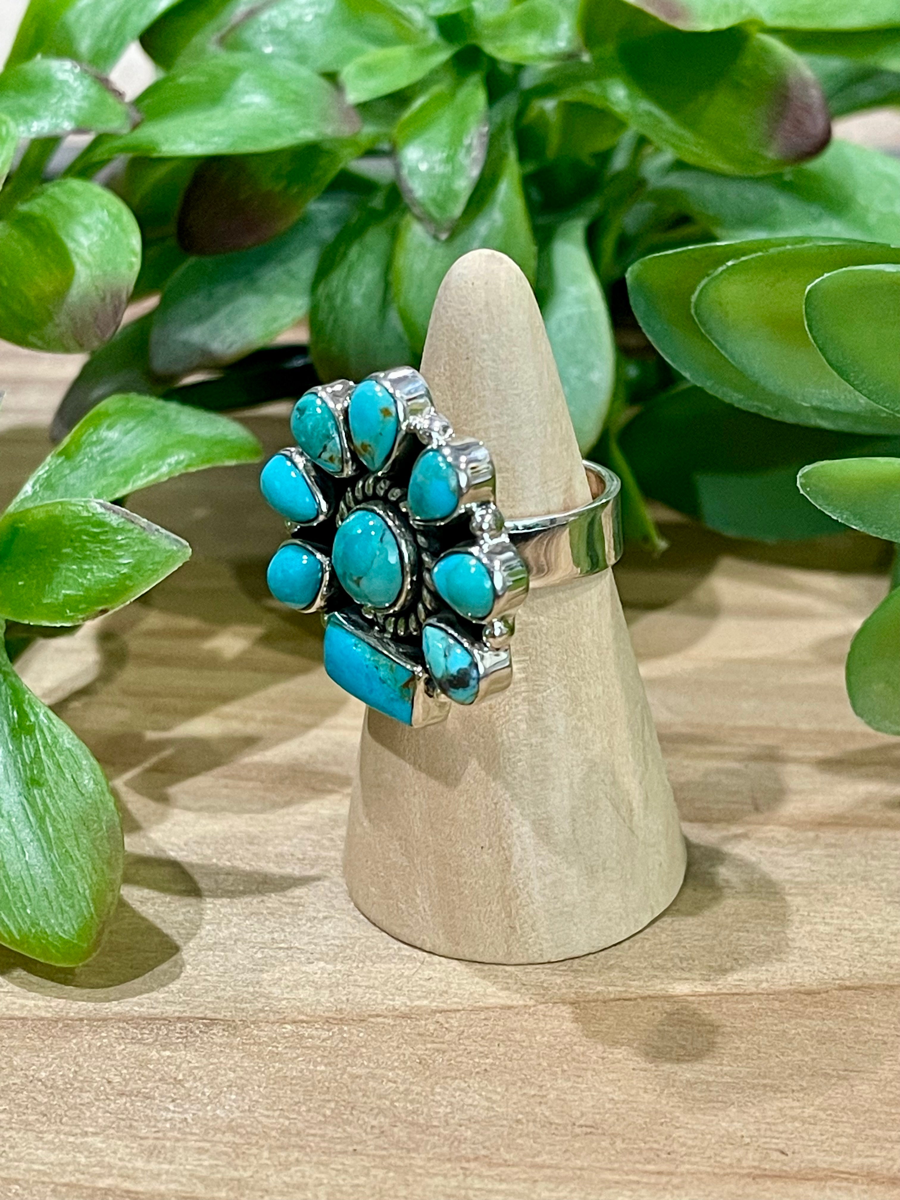 Southwest Handmade Kingman Turquoise & Sterling Silver Adjustable Flower Ring