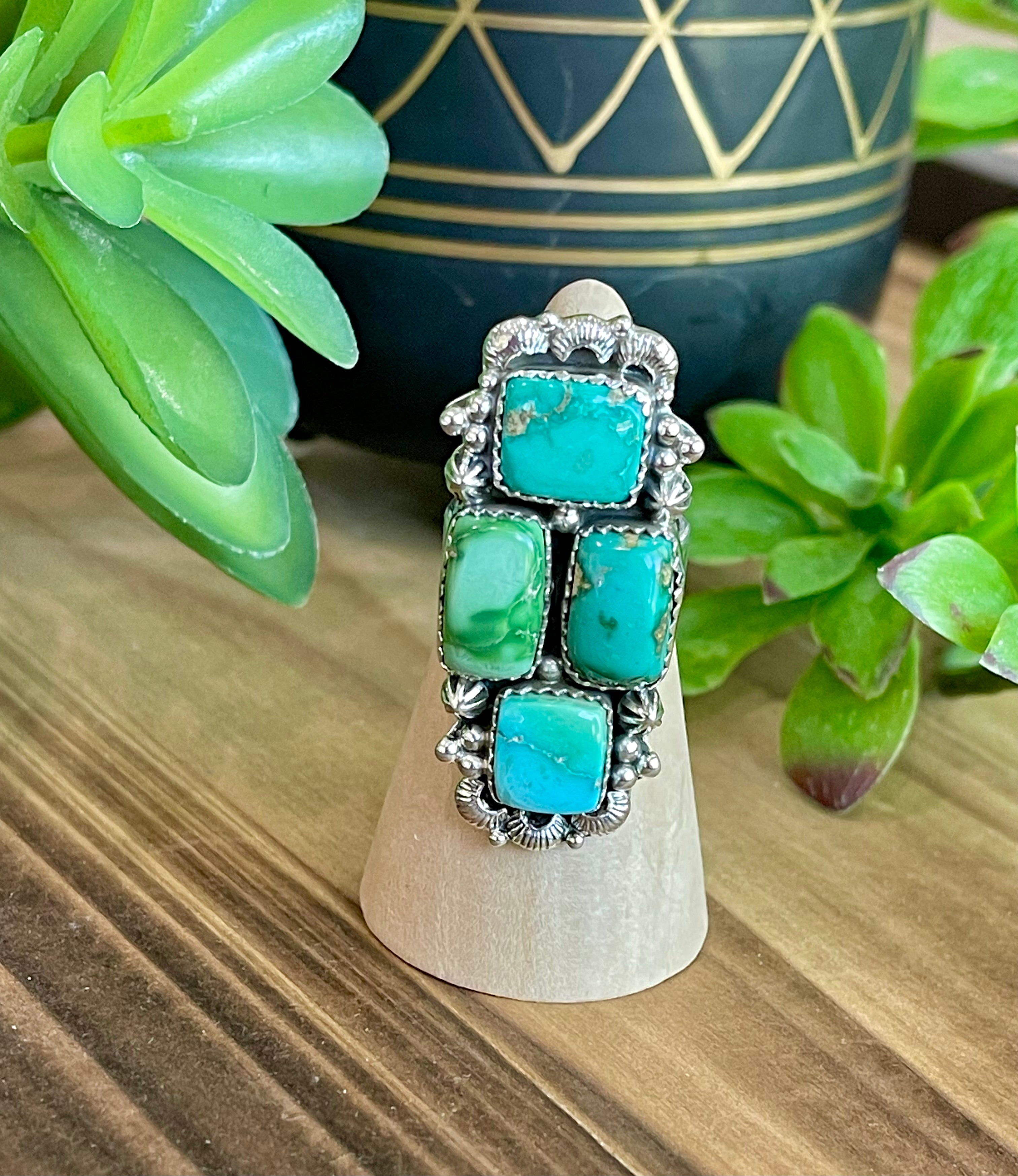 Southwest Handmade Emerald Valley Turquoise & Sterling Silver Adjustable Cluster Ring