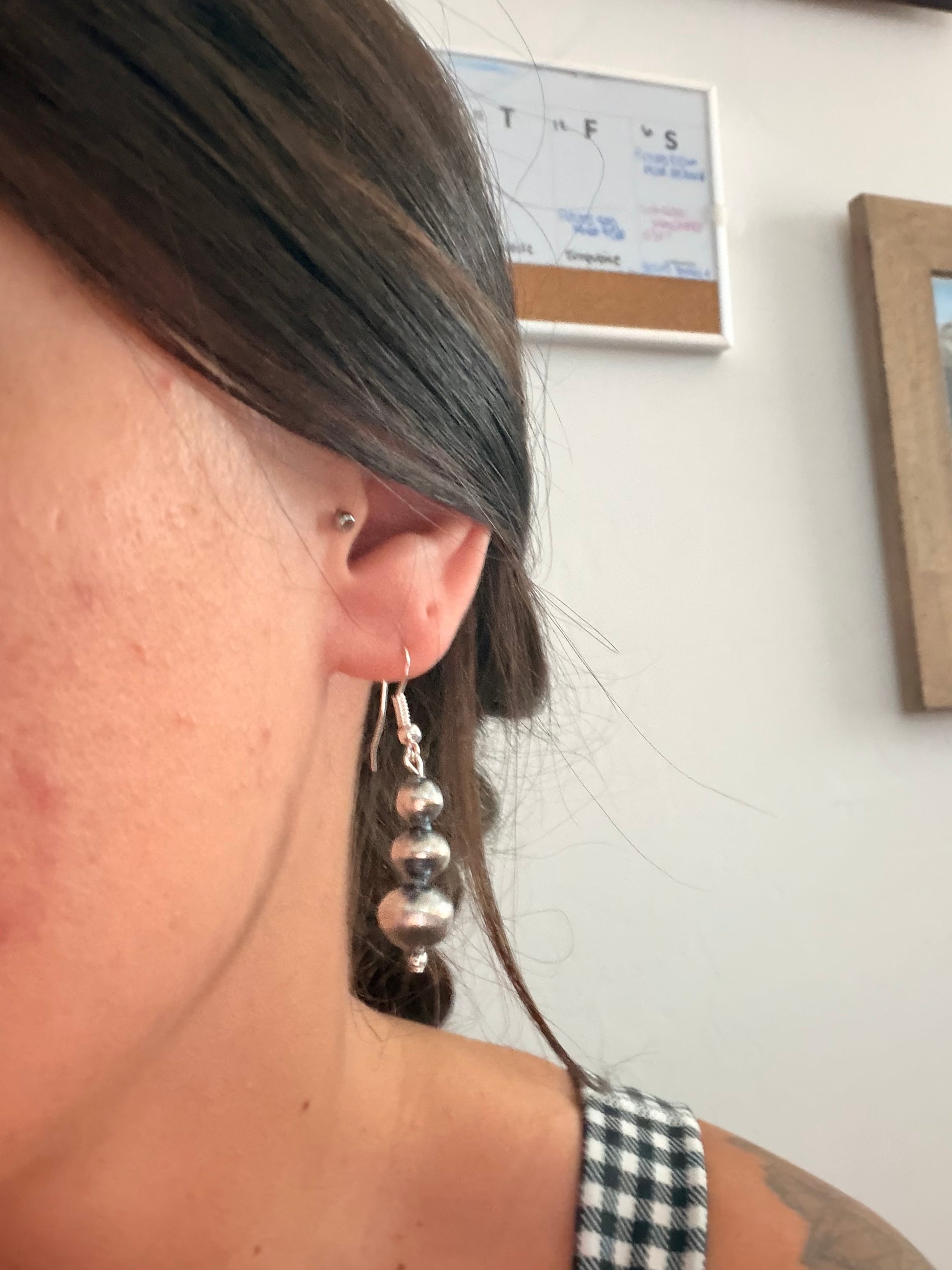 Navajo Strung Sterling Silver Machine Made Pearl Dangle Earrings