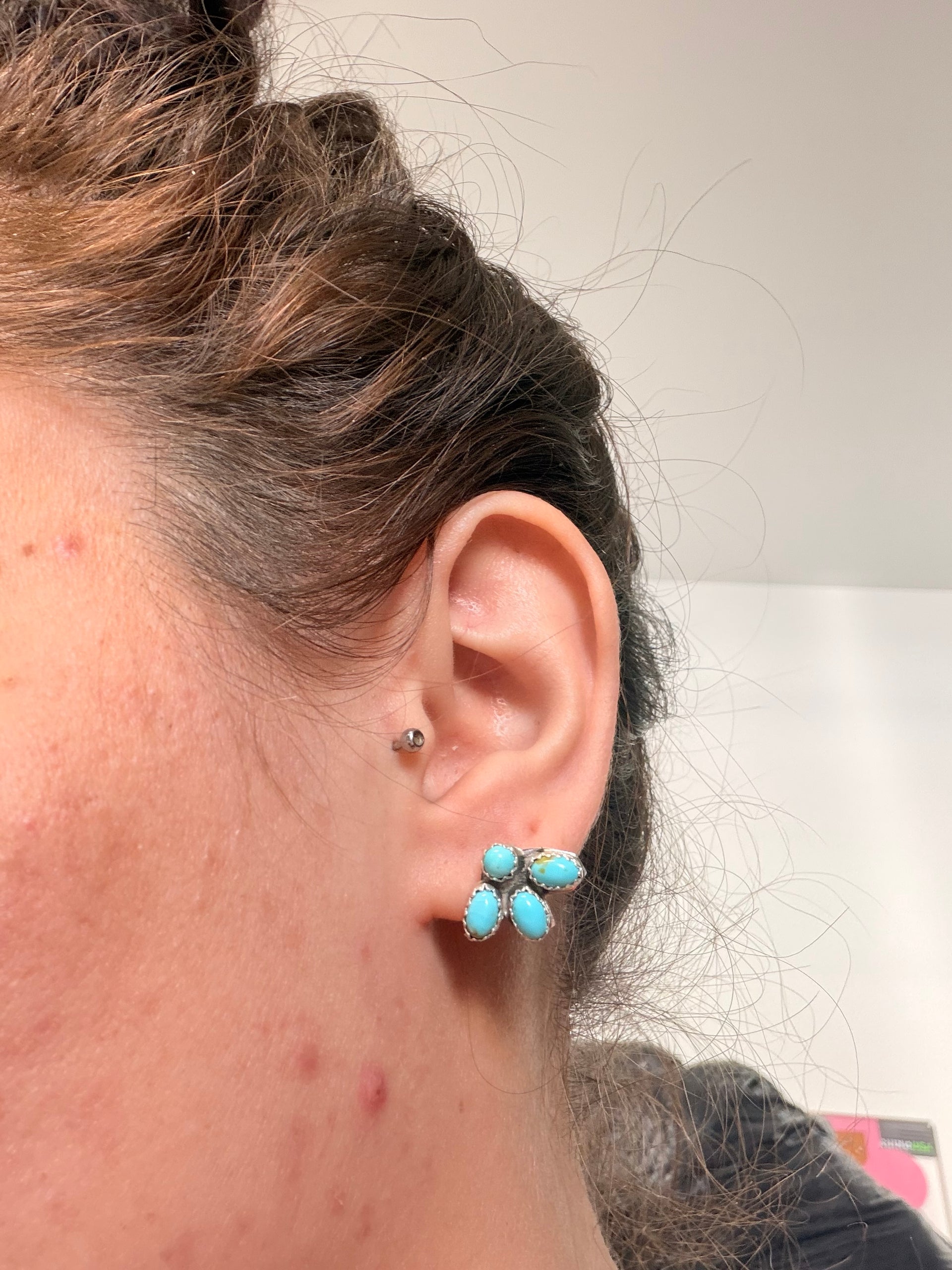 Navajo Made Kingman Turquoise & Sterling Silver Post Mini Cluster Earrings