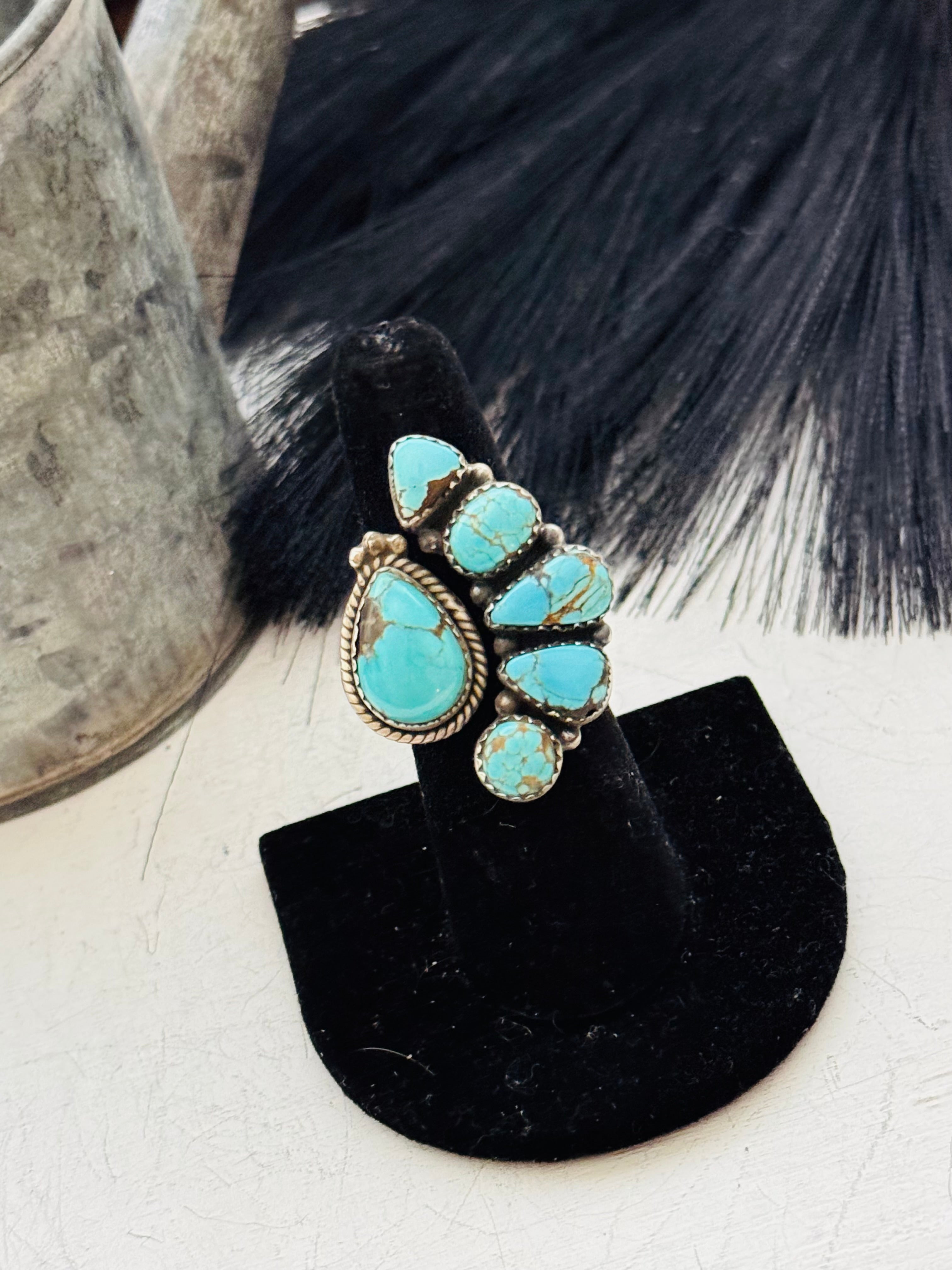 Southwest Handmade #8 Turquoise & Sterling Silver Adjustable Cluster Ring