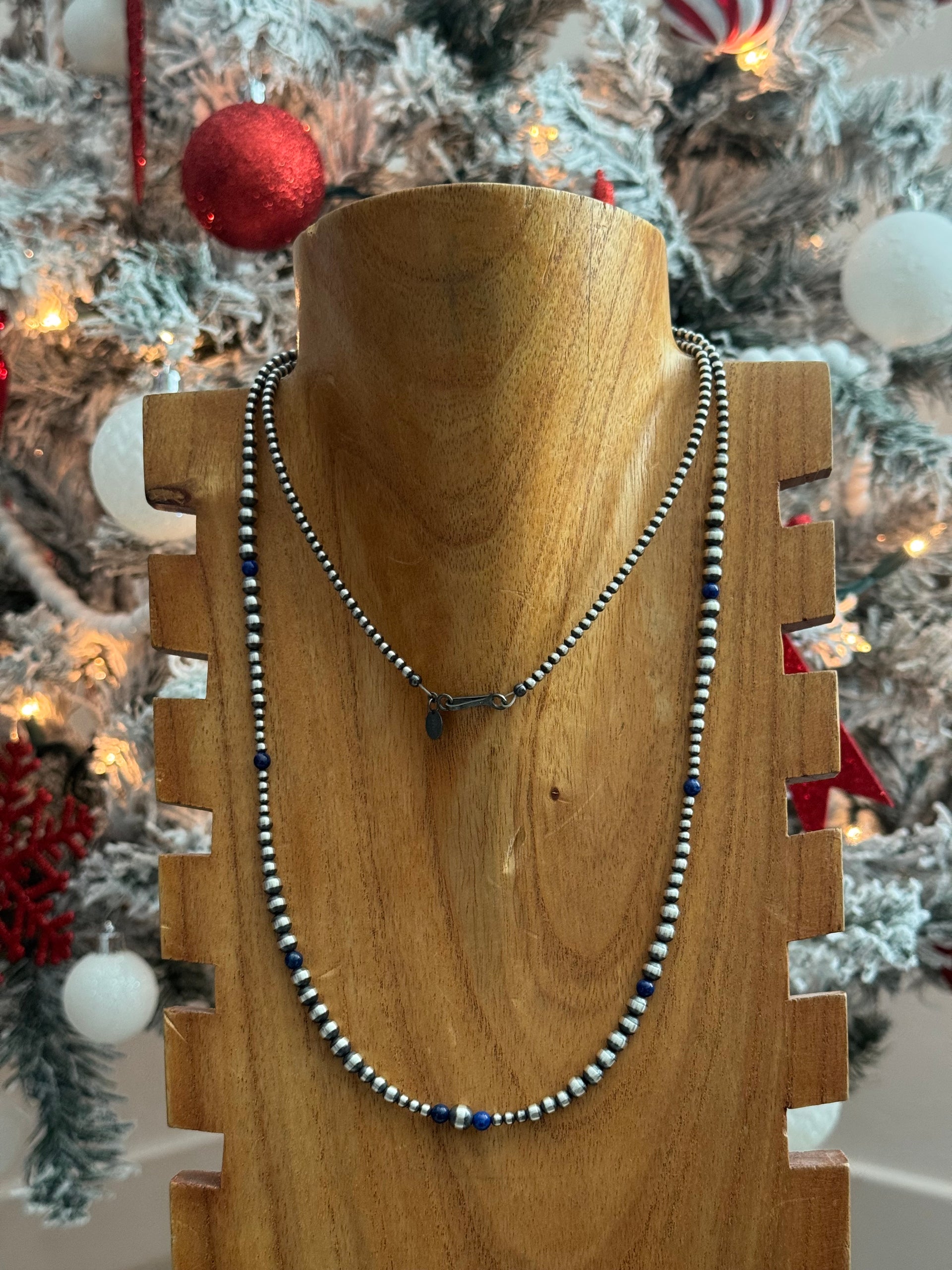 Navajo Strung Lapis & Sterling Silver Graduated Pearl Necklace