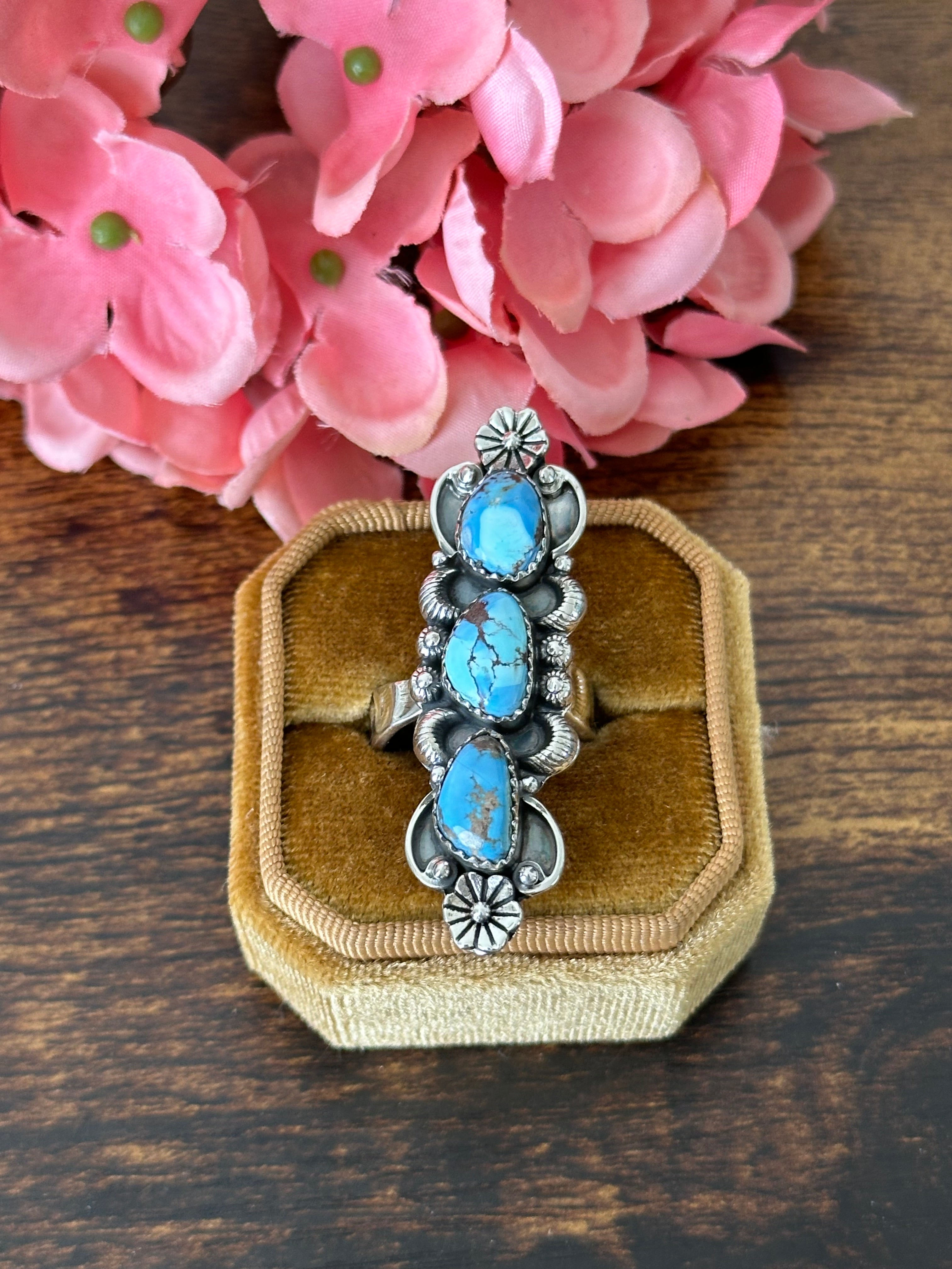 Southwest Handmade Golden Hills Turquoise & Sterling Silver Cluster Adjustable Ring