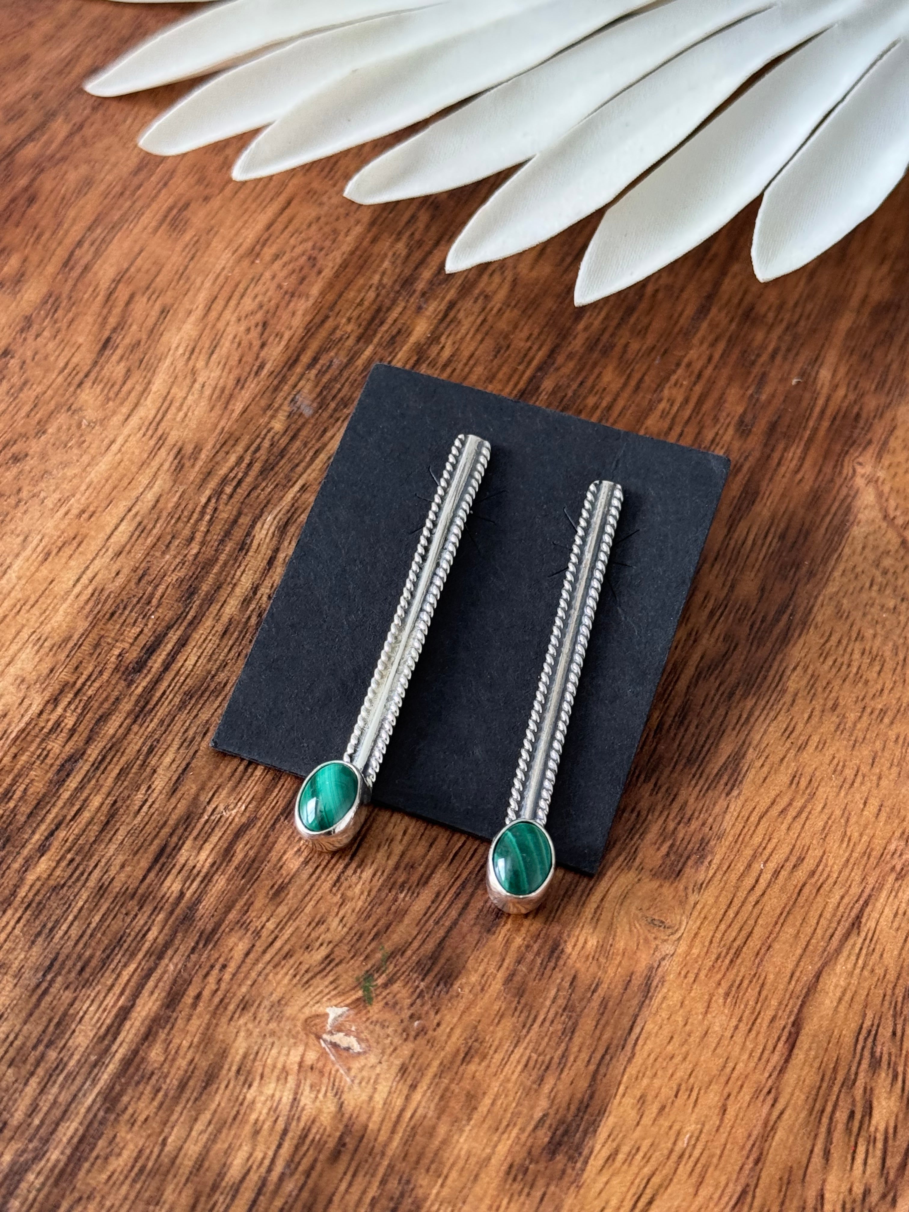 Navajo Handmade Malachite & Sterling Silver Dangle Earrings