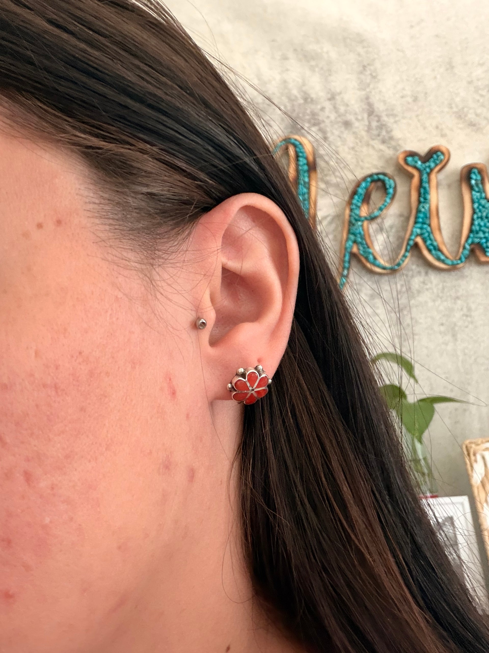 Zuni Made Coral & Sterling Silver Post Inlay Earrings