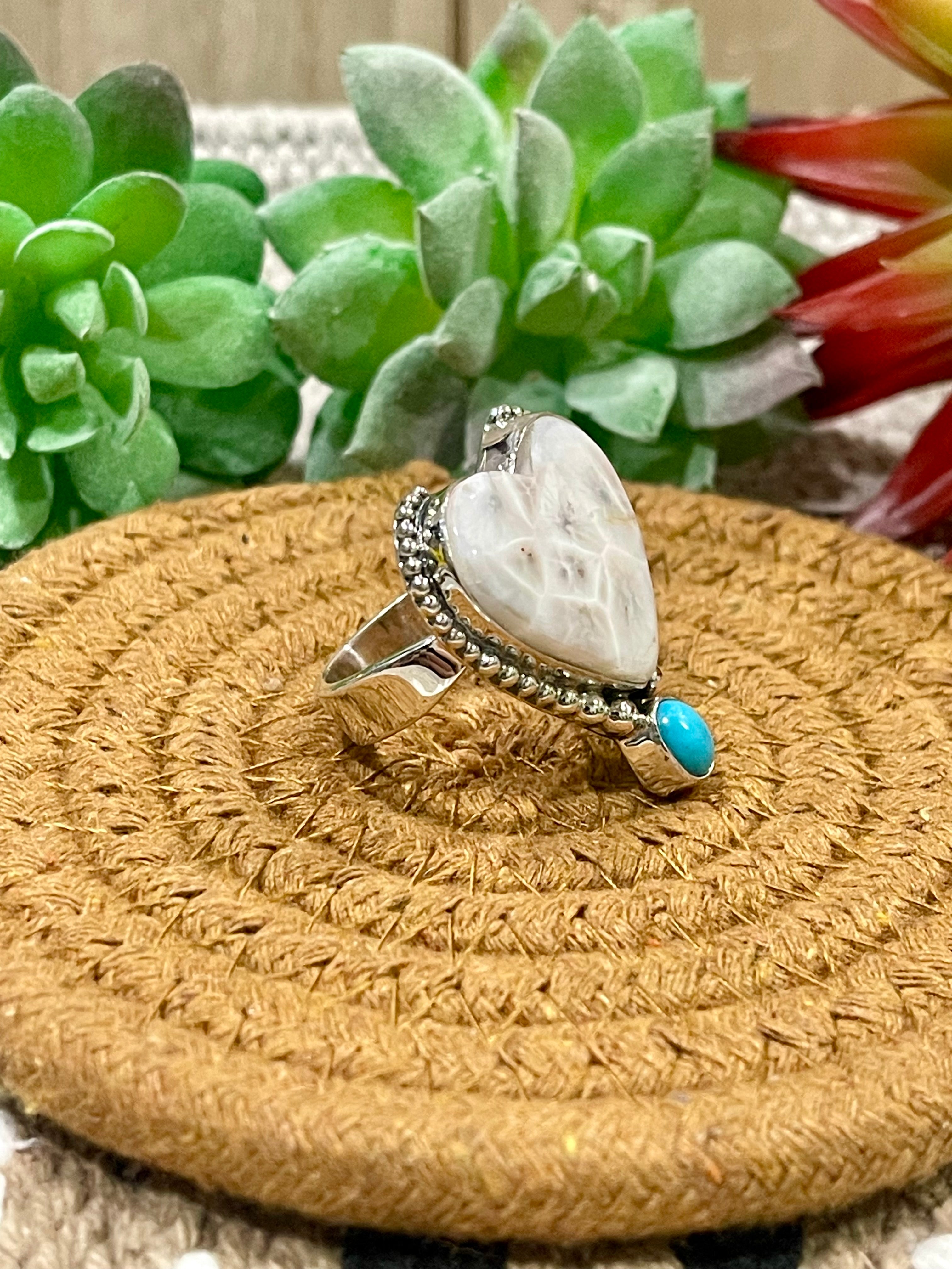 Southwest Handmade Pink Larimar With Kingman Turquoise & Sterling Silver Adjustable Ring