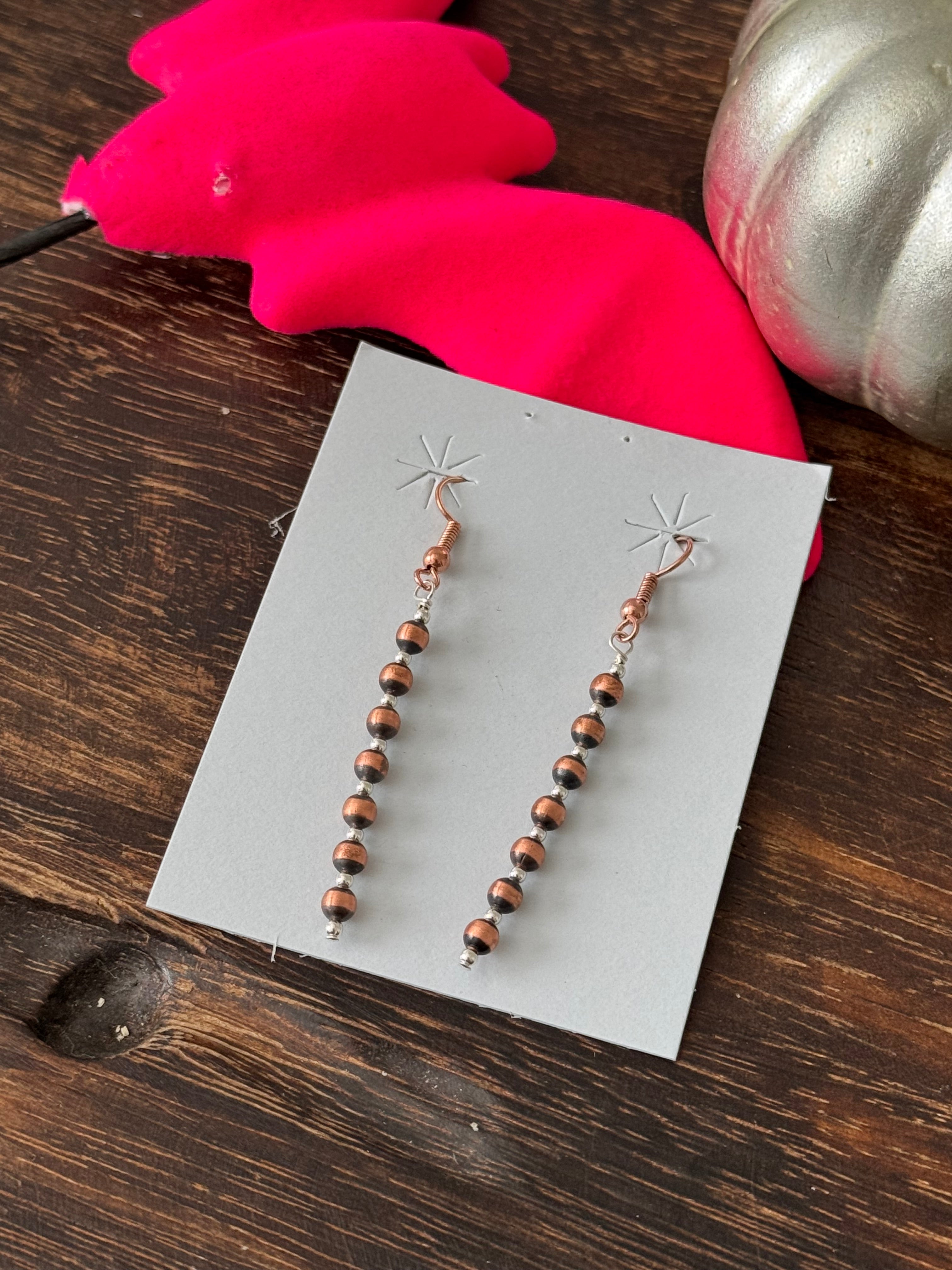 Navajo Strung Copper & Sterling Silver Graduated Pearls Dangle Earrings