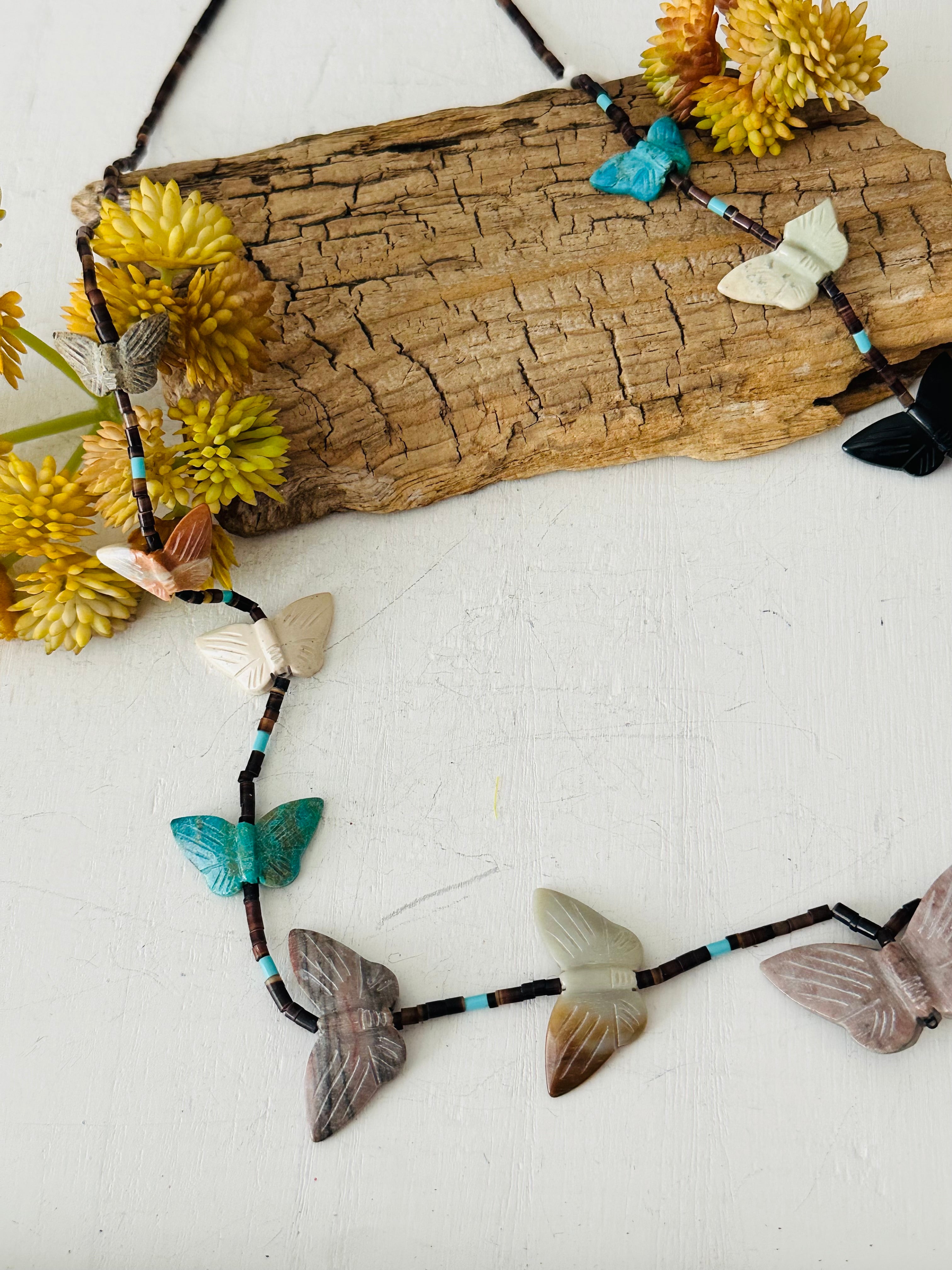 Zuni Strung Multi Stone & Sterling Silver Beaded Fetish Necklace