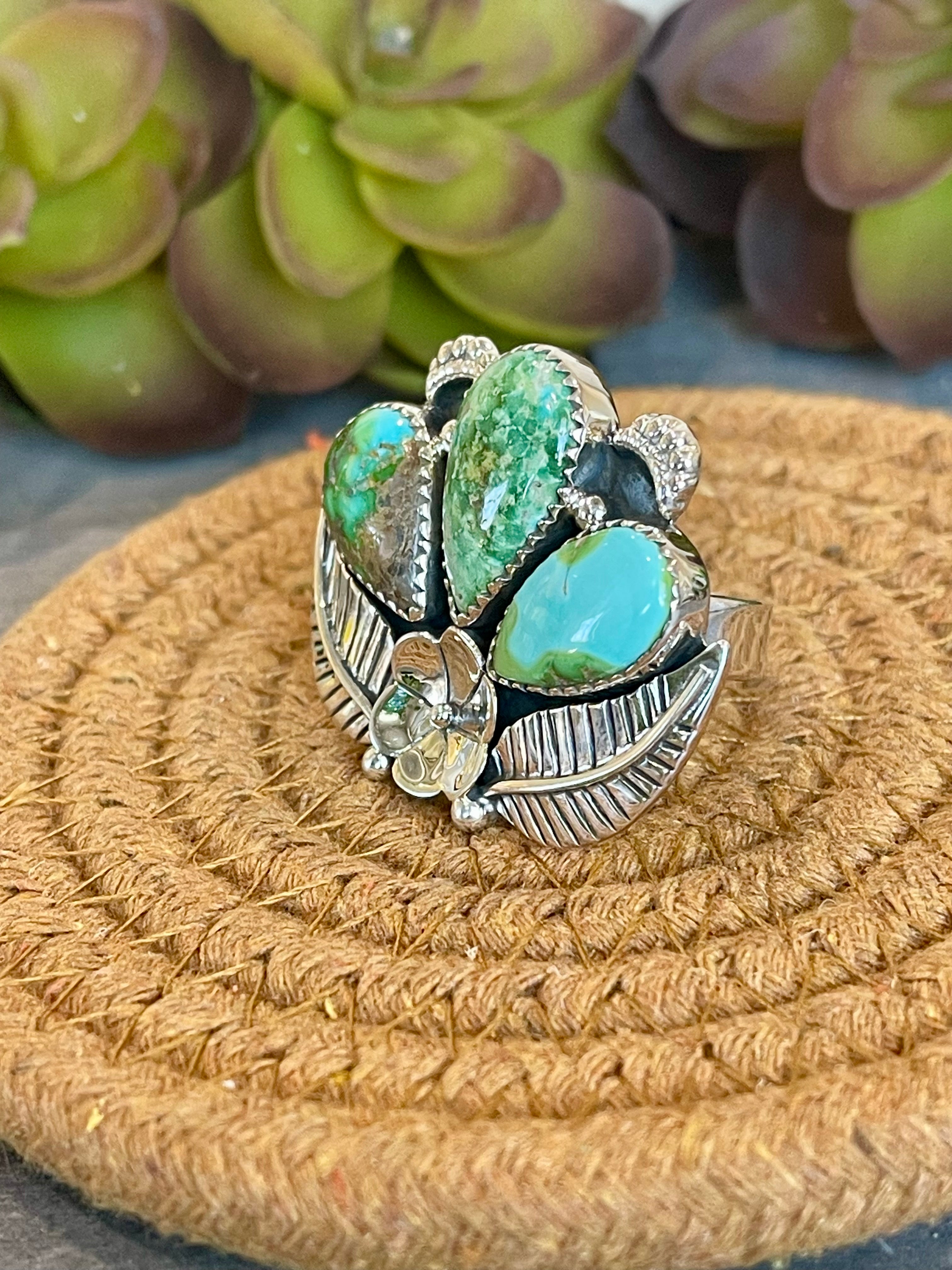 Southwest Handmade Sonoran Mountain Turquoise & Sterling Silver Adjustable Flower Ring