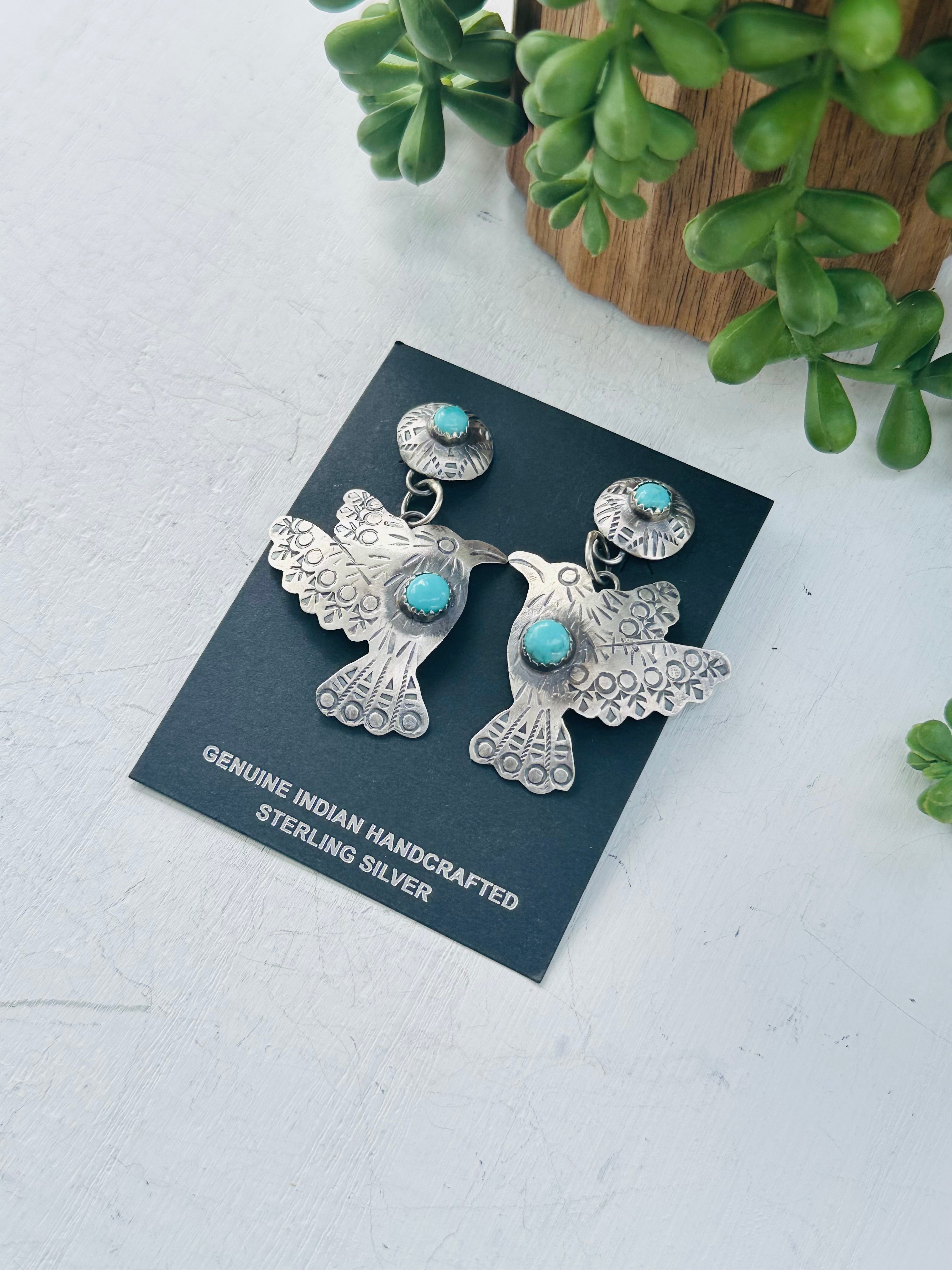 Tonya Yazzie Kingman Turquoise & Sterling Silver Hummingbird Dangle Earrings