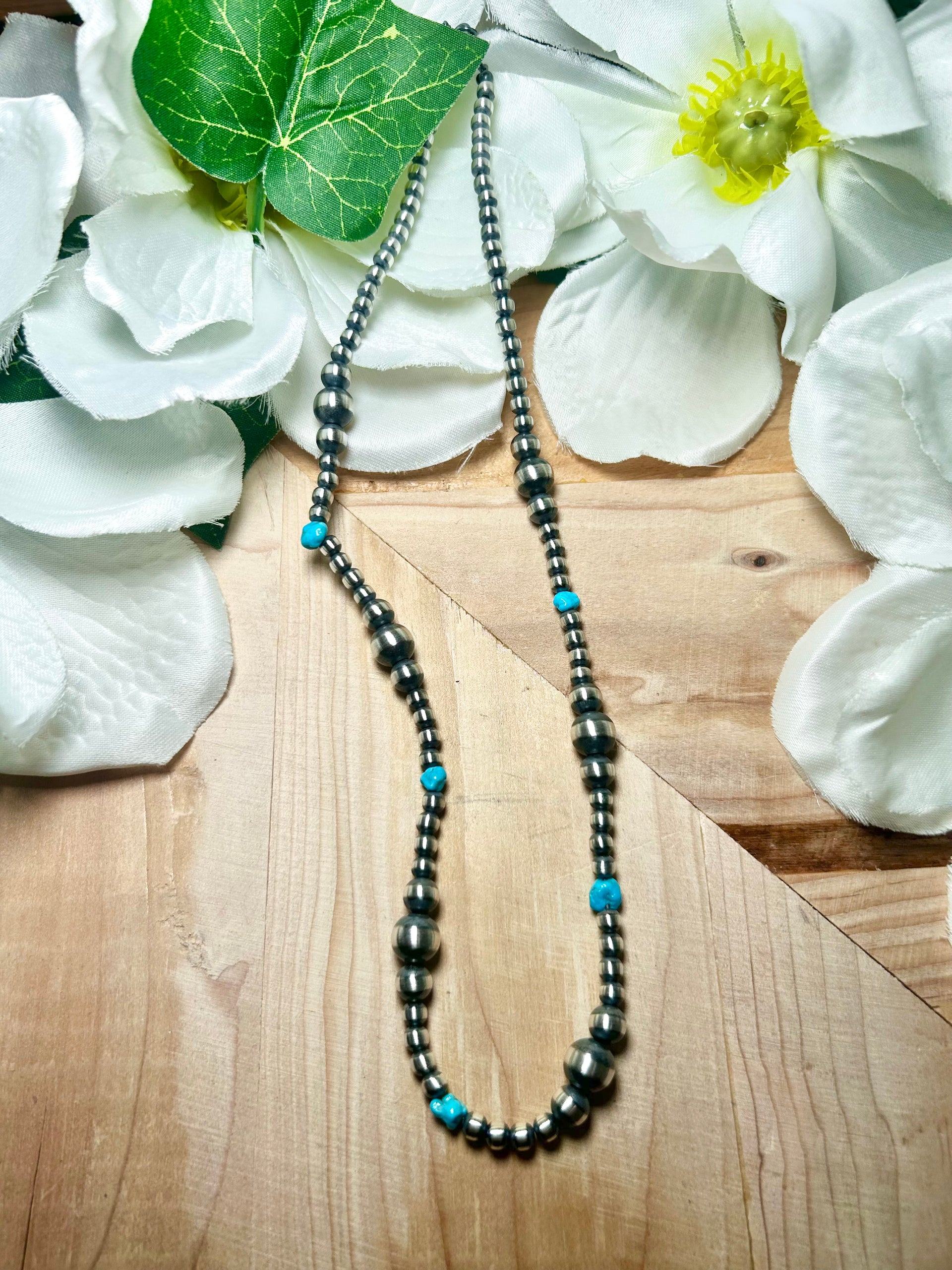 Navajo Made Strung Kingman Turquoise & Sterling Silver Necklace