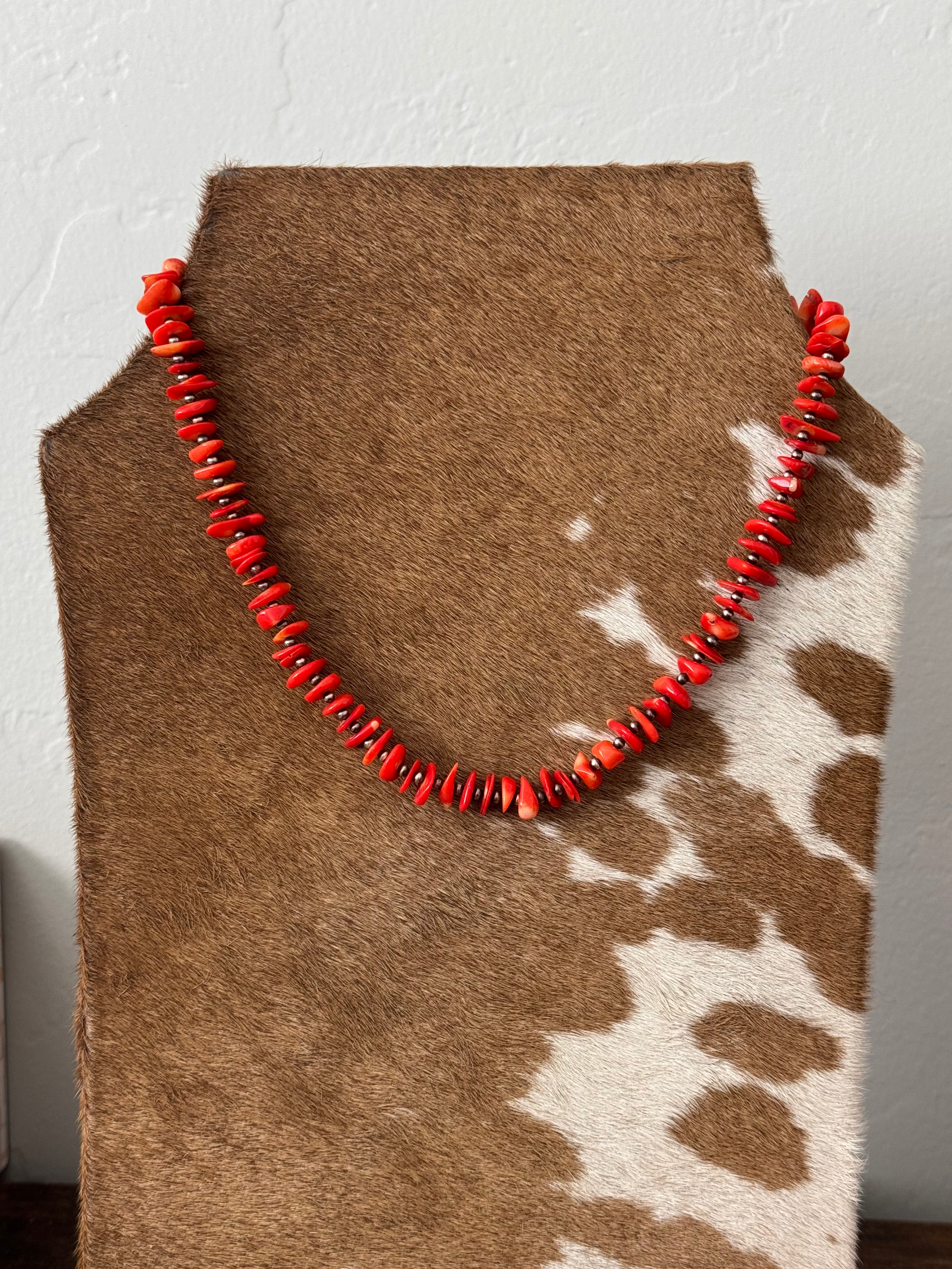 Navajo Strung Bamboo Coral & Sterling Silver Beaded Necklace