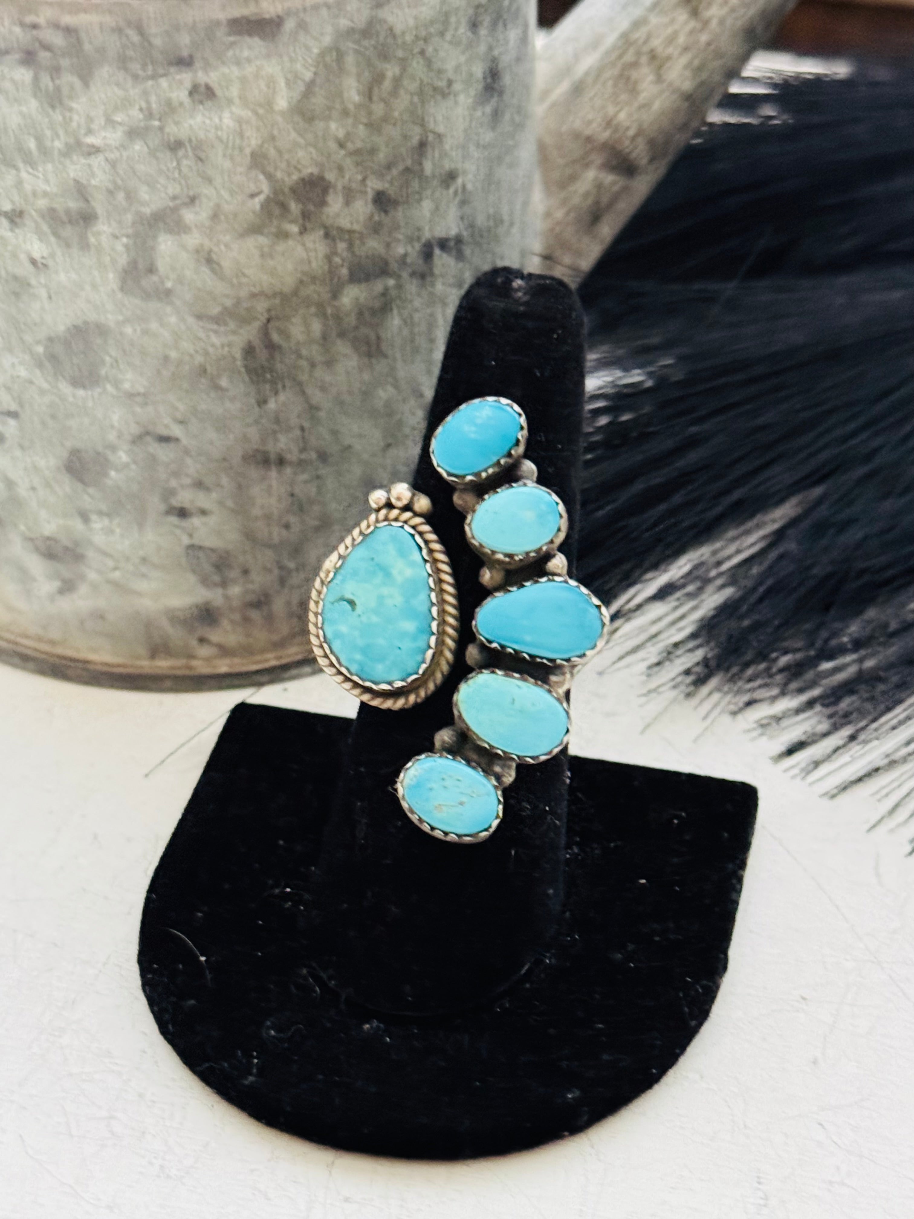 Southwest Handmade Valley Blue Turquoise & Sterling Silver Adjustable Cluster Ring