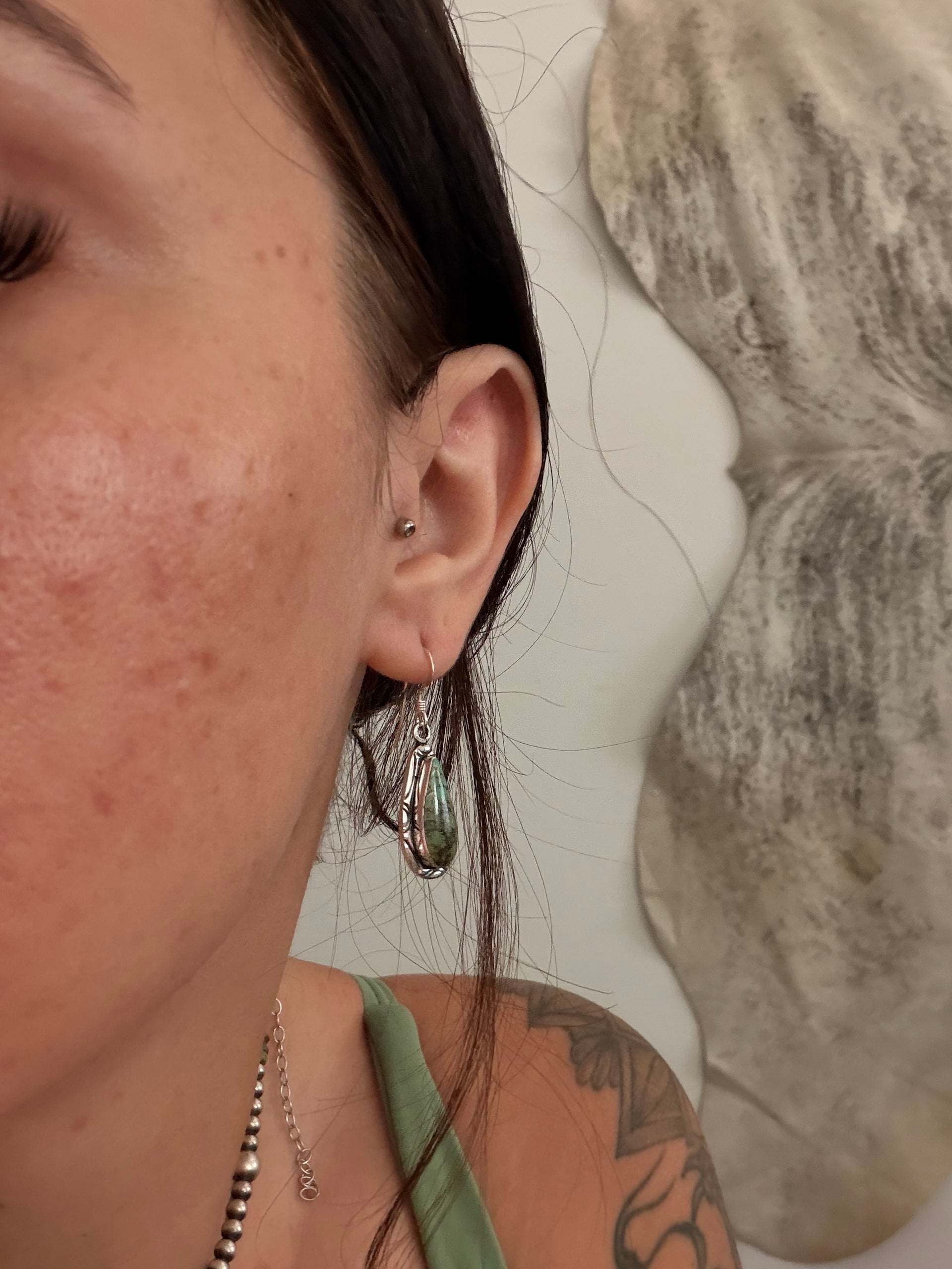 Navajo Made Black Jack Turquoise & Sterling Silver Dangle Earrings