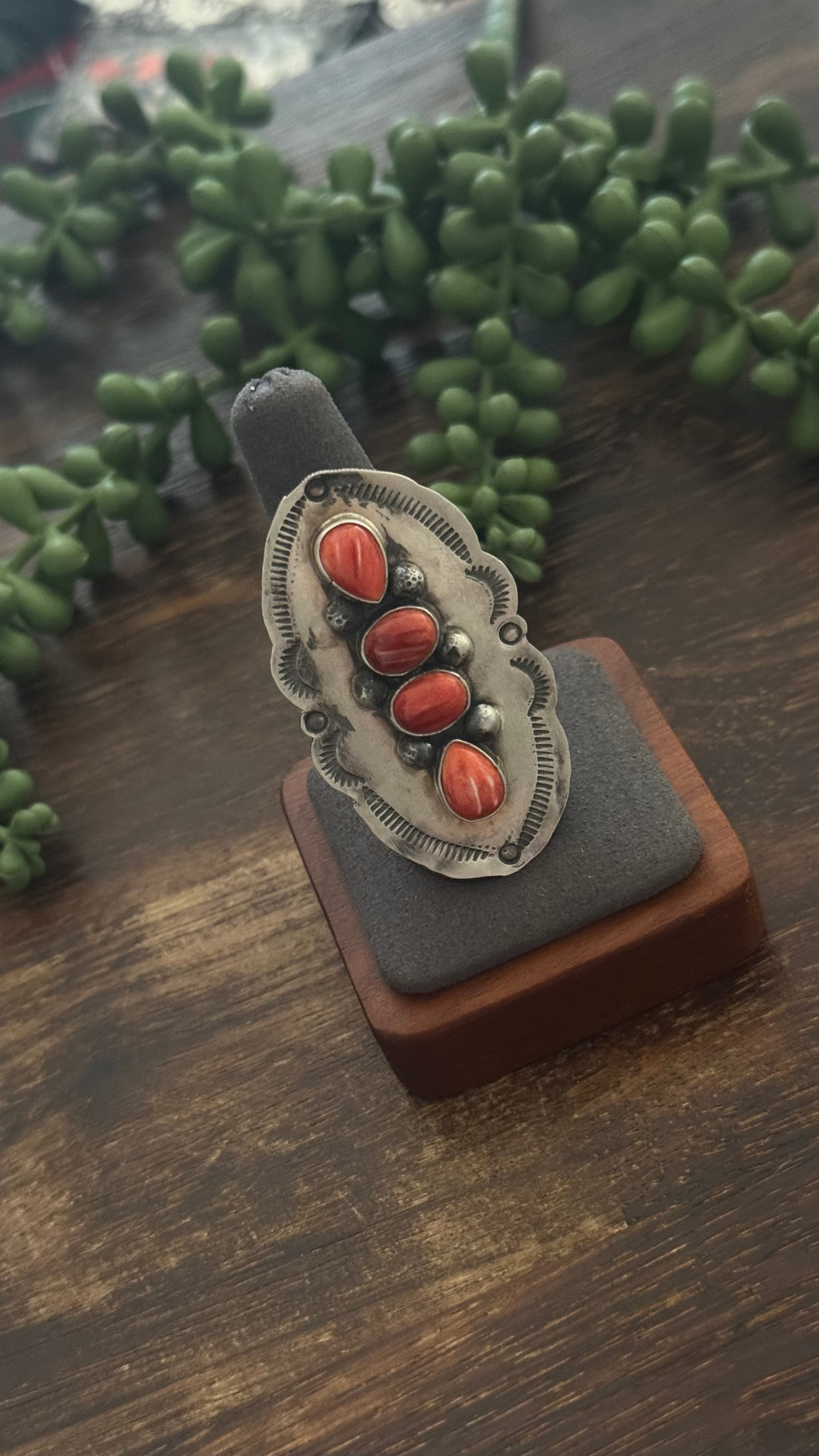 Navajo Made Red Spiny Oyster & Sterling Silver Adjustable Ring