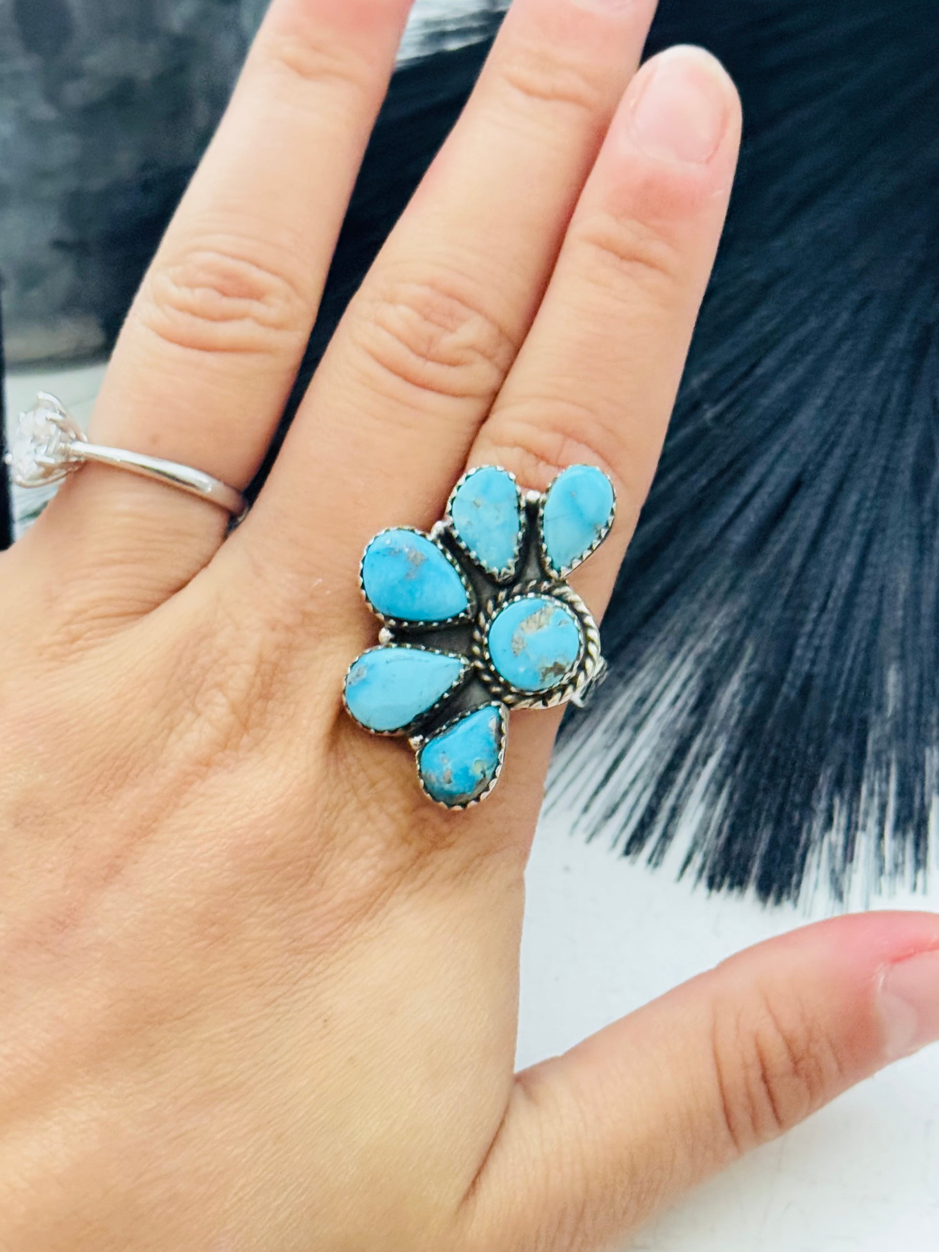 Southwest Handmade Valley Blue Turquoise & Sterling Silver Adjustable Cluster Ring