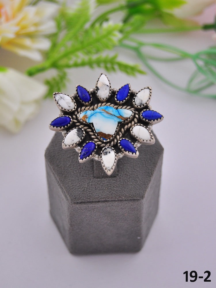 Southwest Made Multi Stone & Sterling Sliver Cluster Adjustable Ring