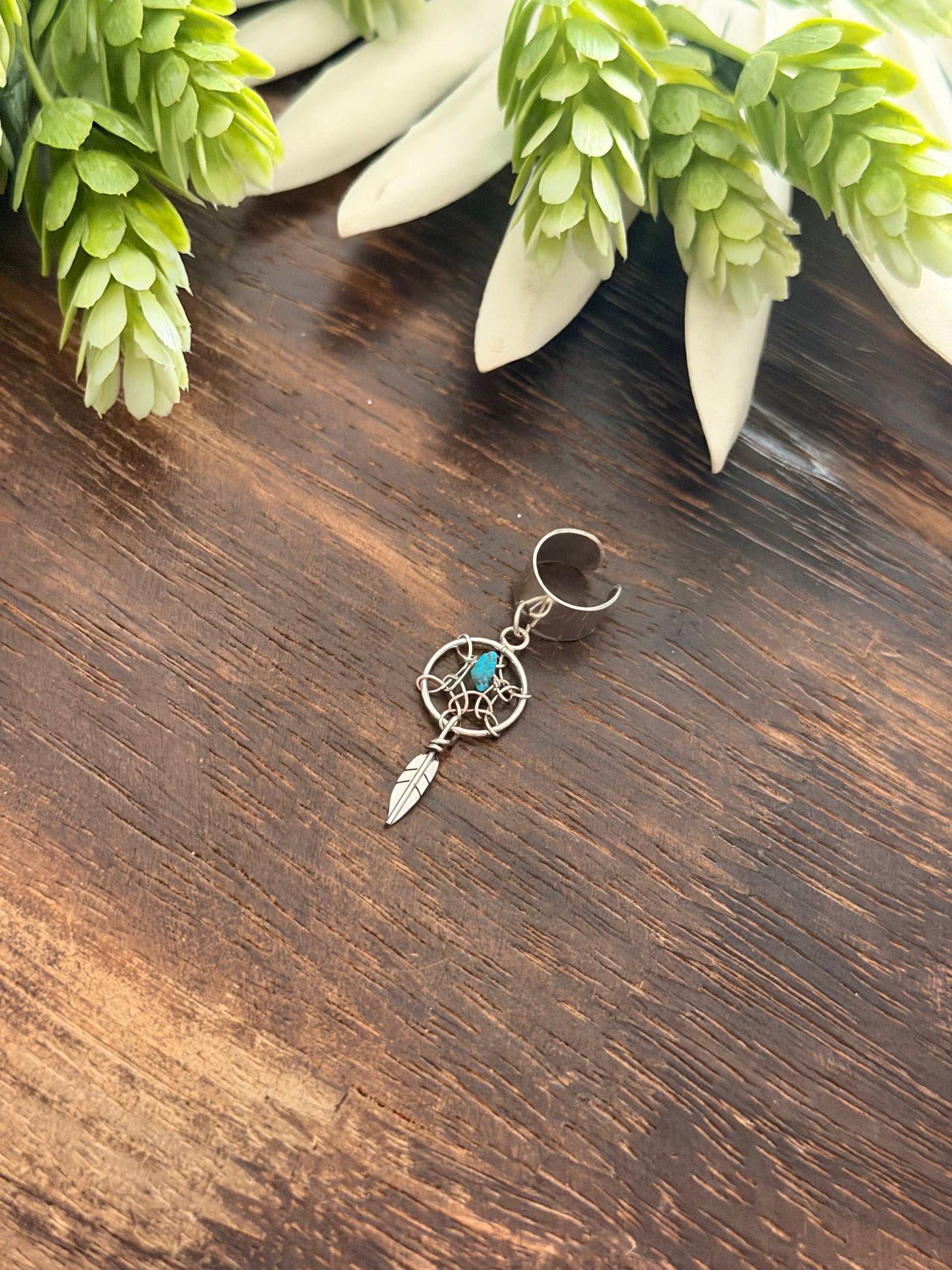 Navajo Made Turquoise & Sterling Silver Dreamcatcher Ear Cuff Earrings