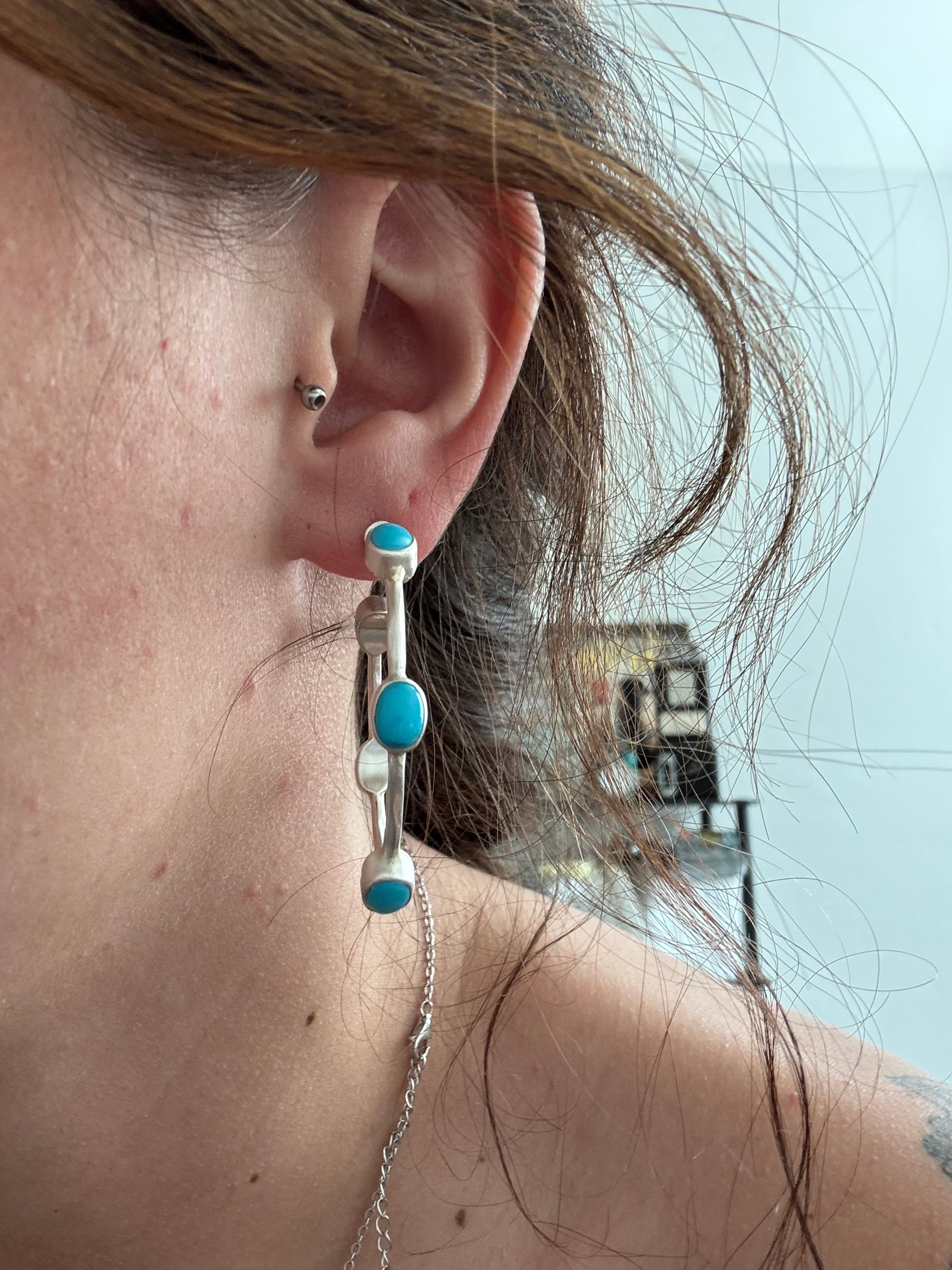 Southwest Handmade Kingman Turquoise & Sterling Silver Post Dangle Hoop Earrings