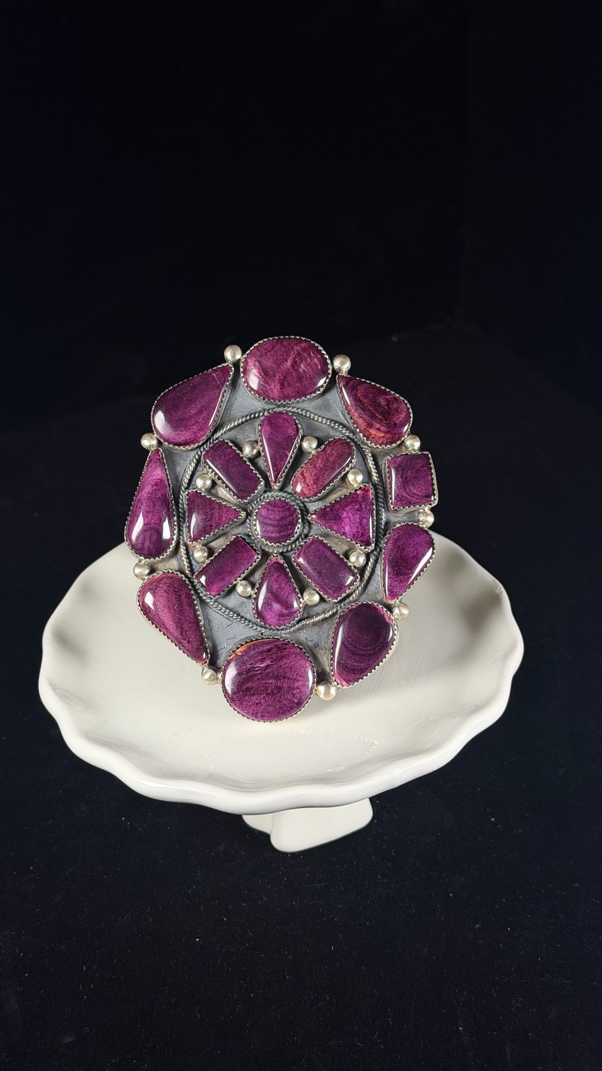 Navajo Made Purple Spiny Oyster & Sterling Silver Cluster Cuff Bracelet
