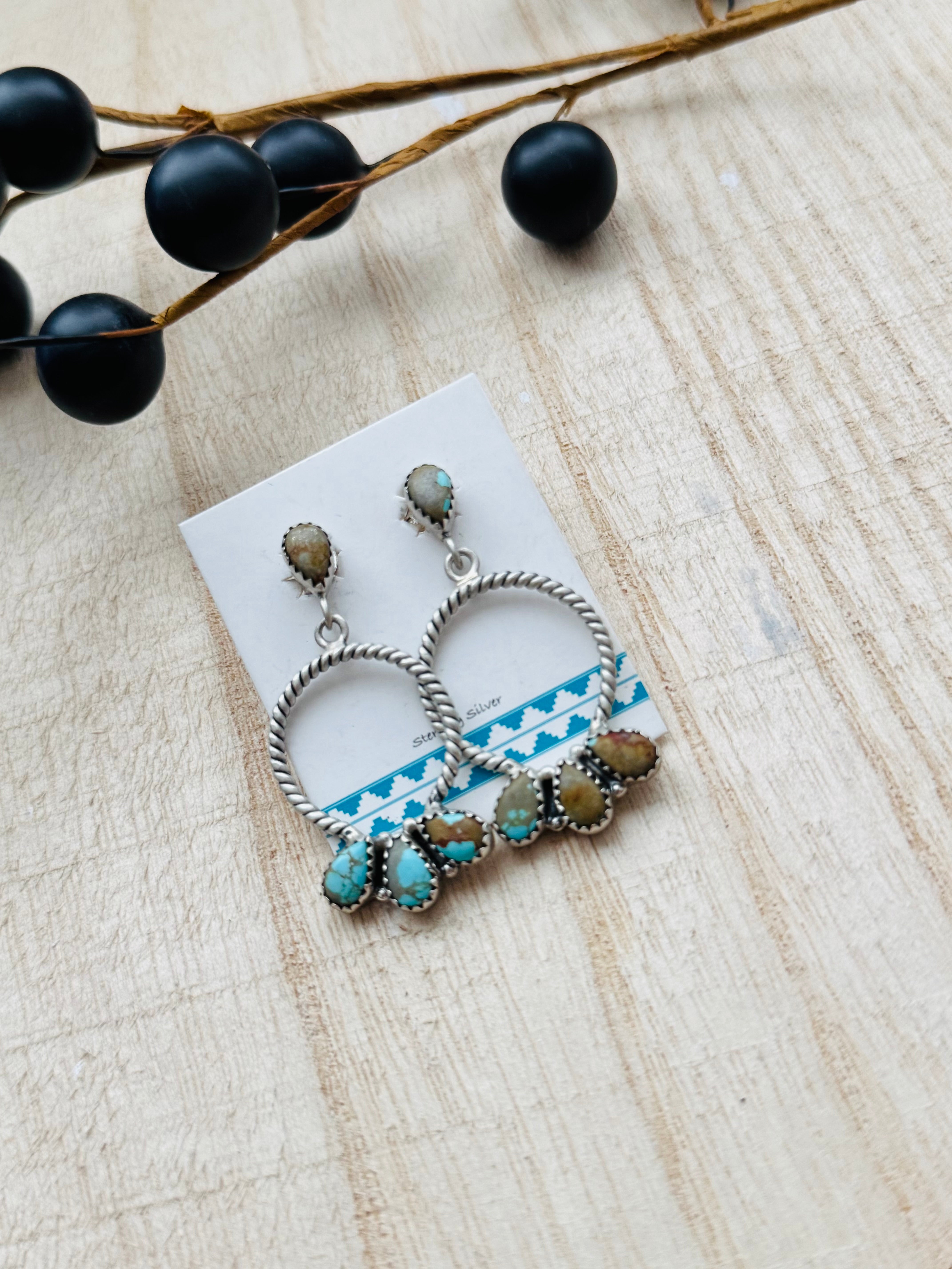 Southwest Handmade #8 Turquoise & Sterling Silver Post Dangle Earrings