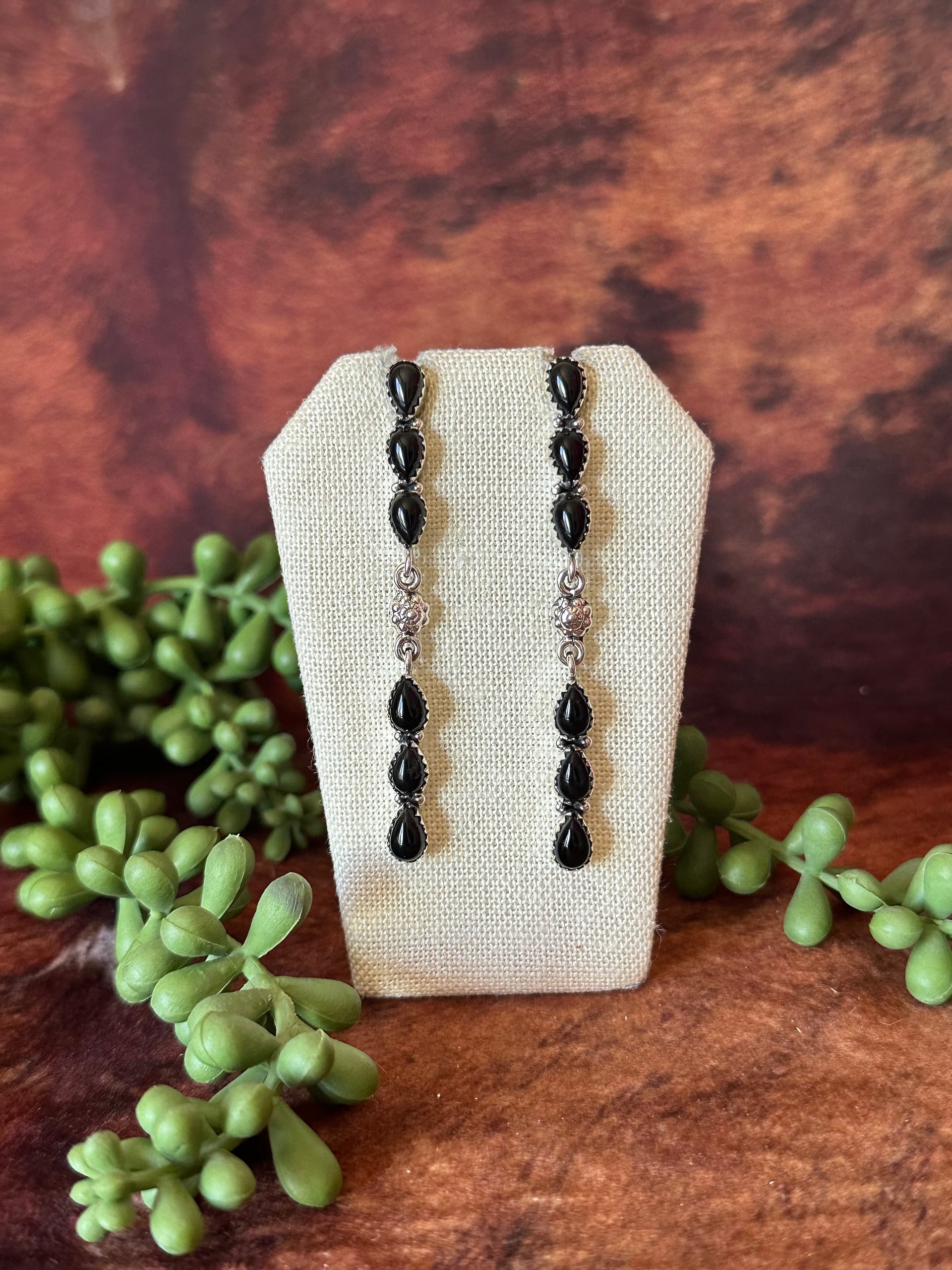 Southwest Handmade Onyx & Sterling Silver Post Dangle Earrings