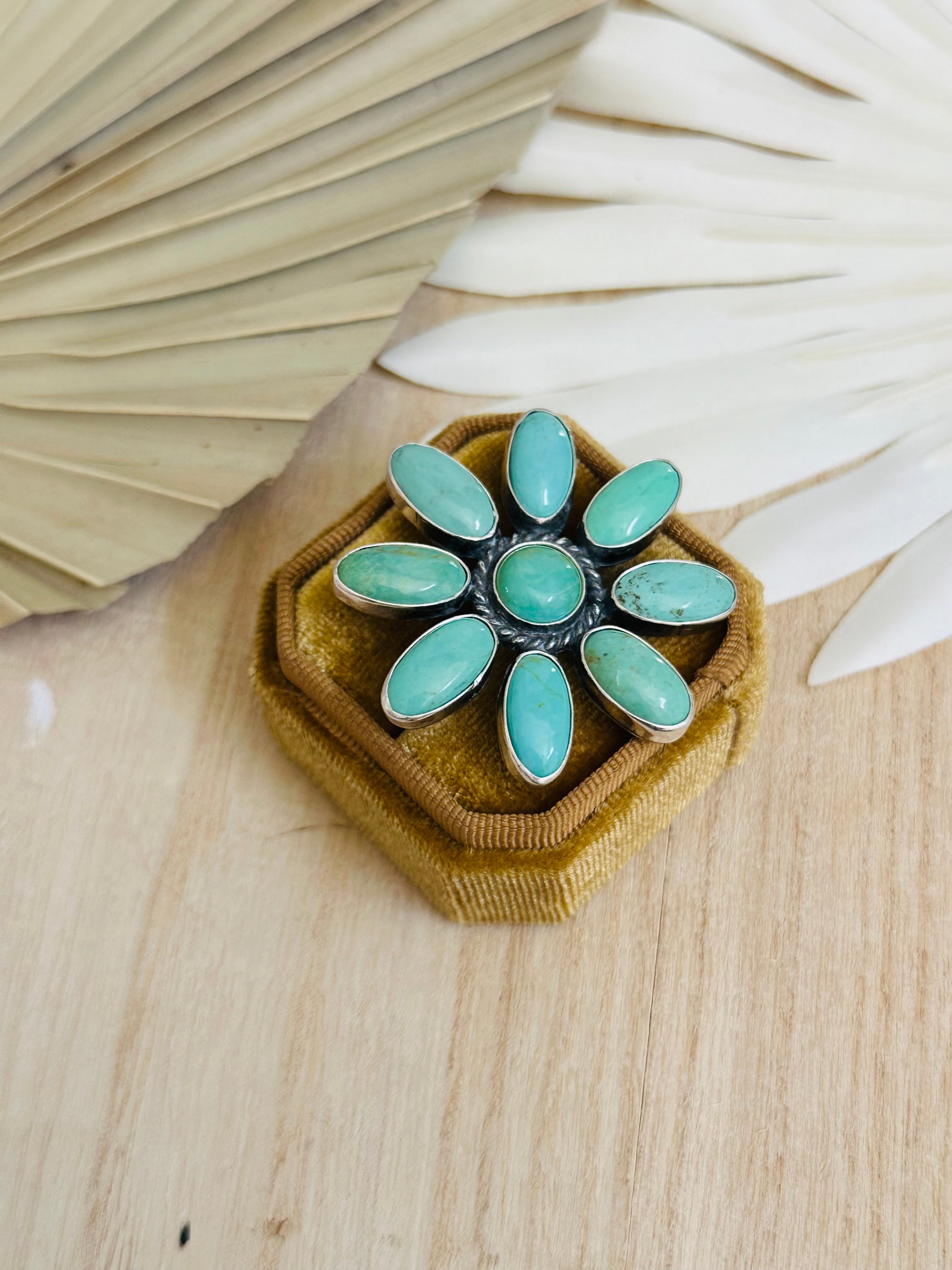 Navajo Made Kingman Turquoise & Sterling Silver Adjustable Cluster Ring