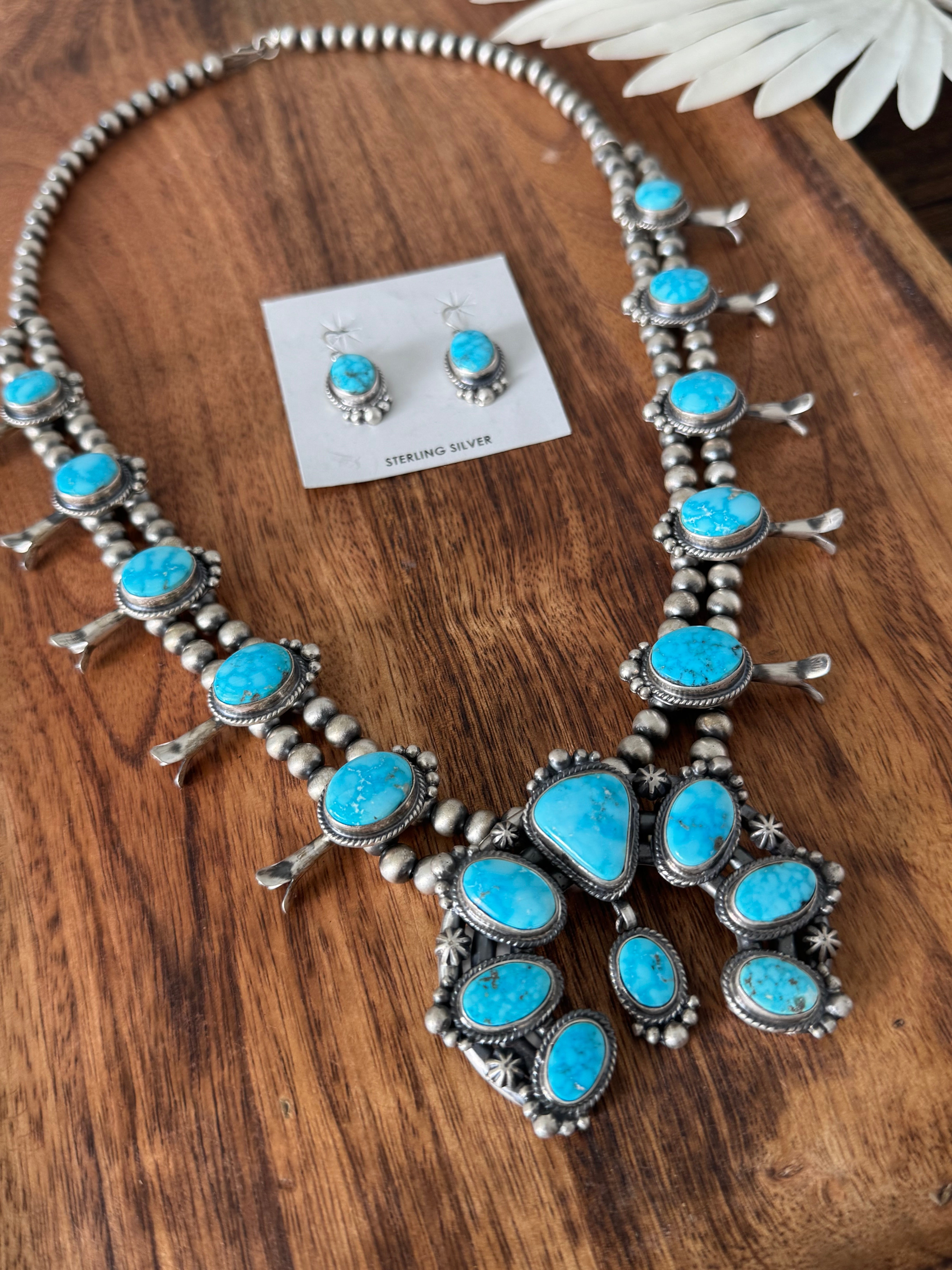 Thomas Francisco Birds Eye Kingman Turquoise & Sterling Silver Squash Blossom Necklace