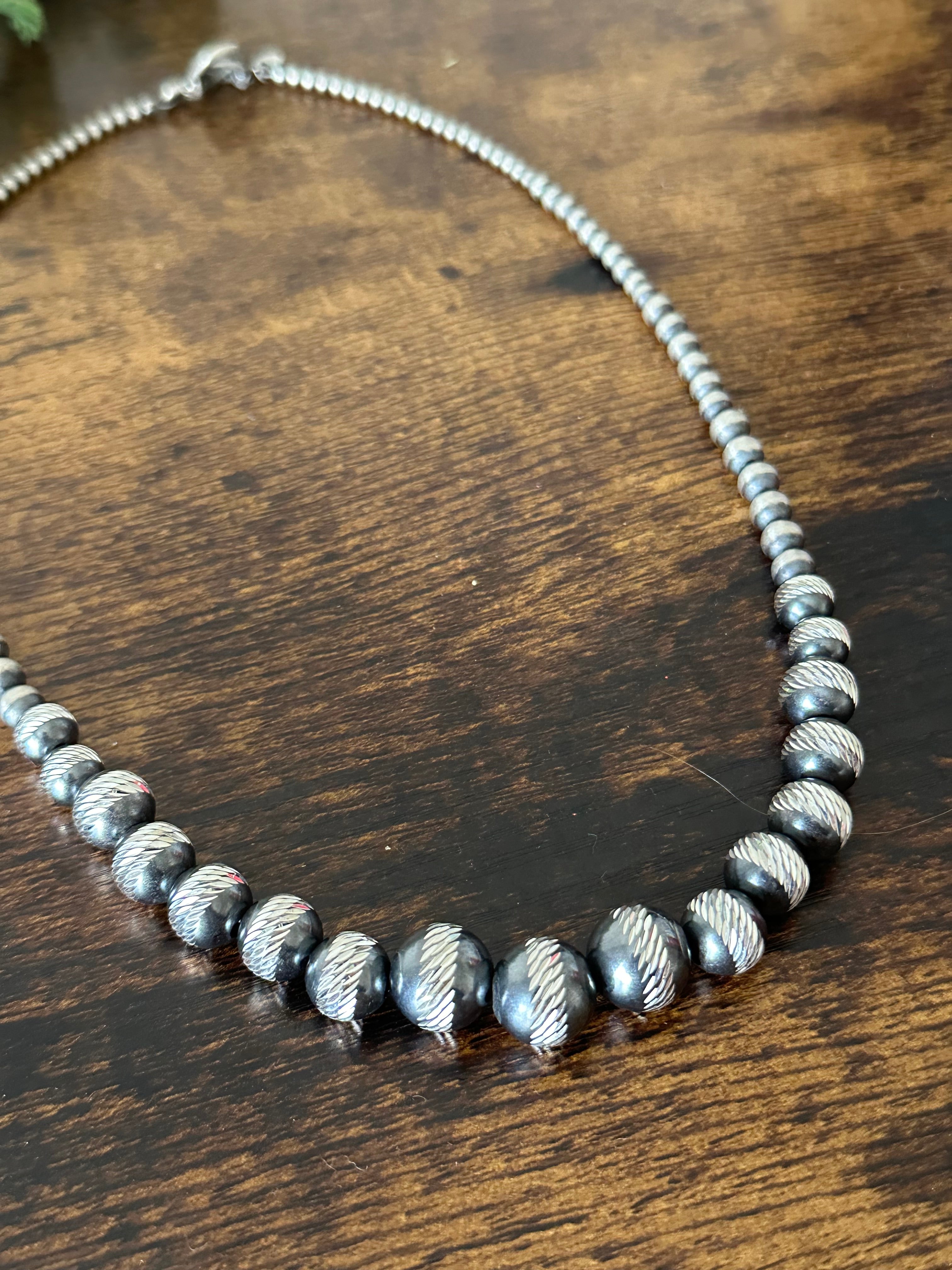 Navajo Strung Graduated Sterling Silver Pearls Beaded Necklace